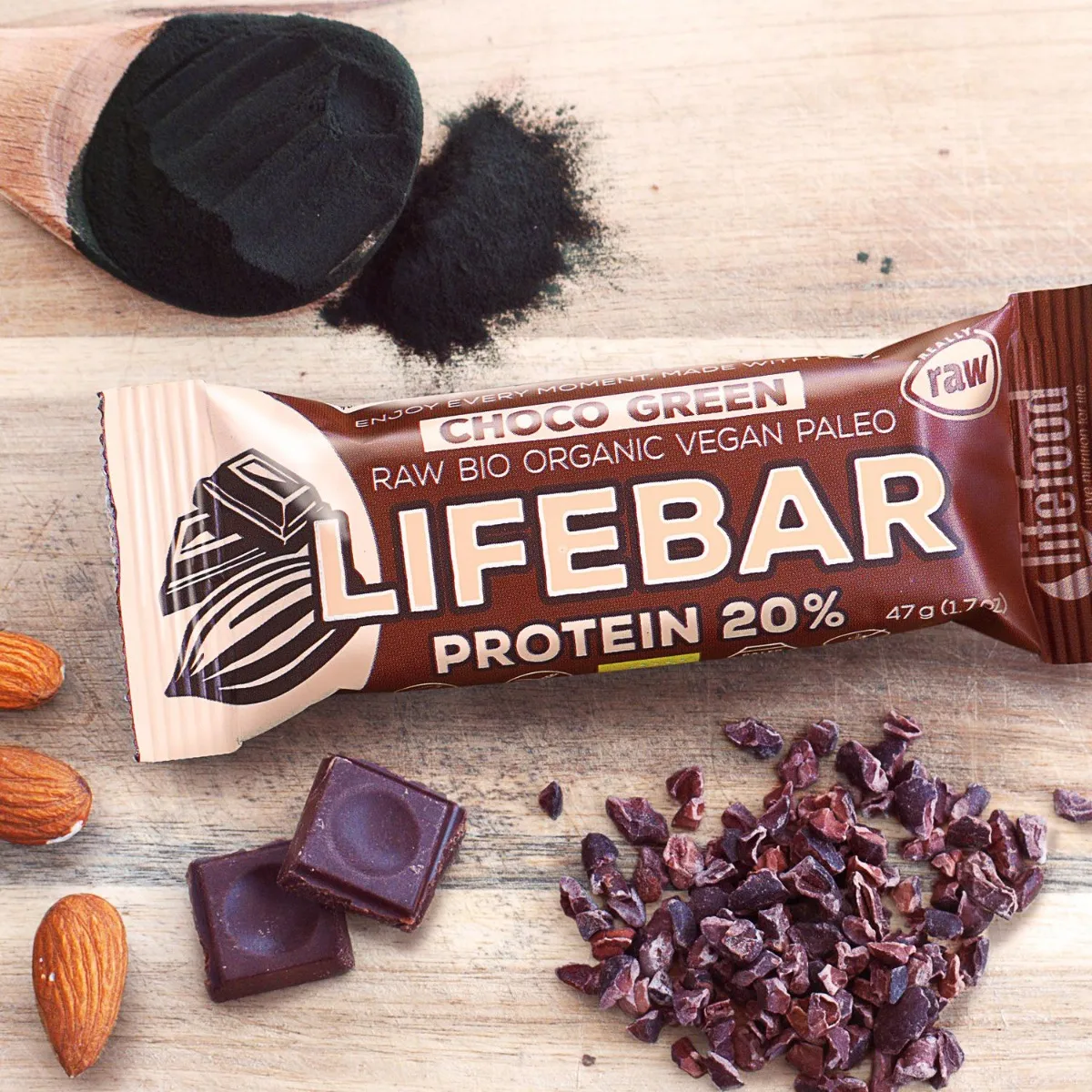 LifeFood Lifebar Protein tyčinka Chocolate Green BIO 47 g