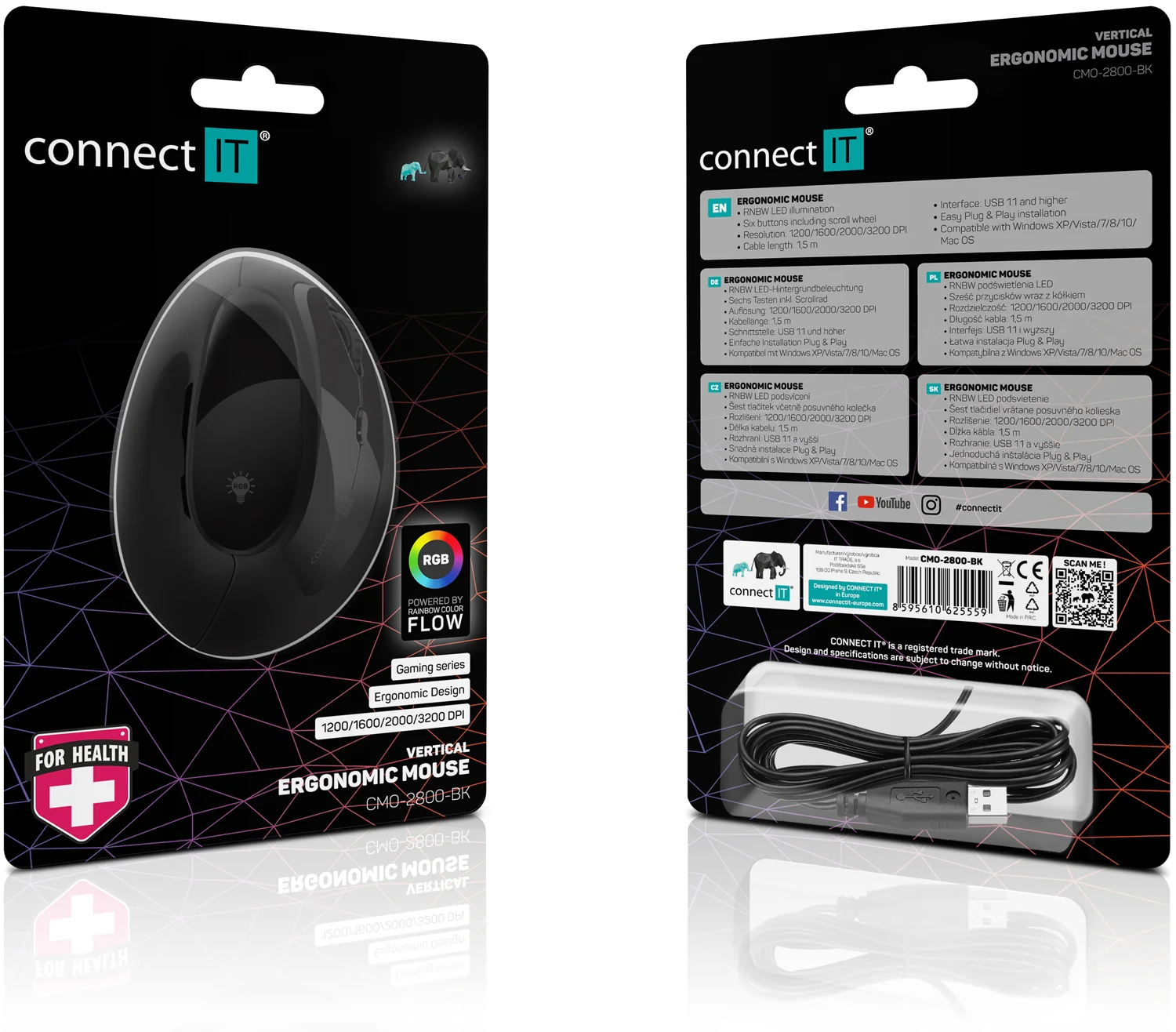 Connect IT For health RGB Ergonomická vertikální myš drátová černá