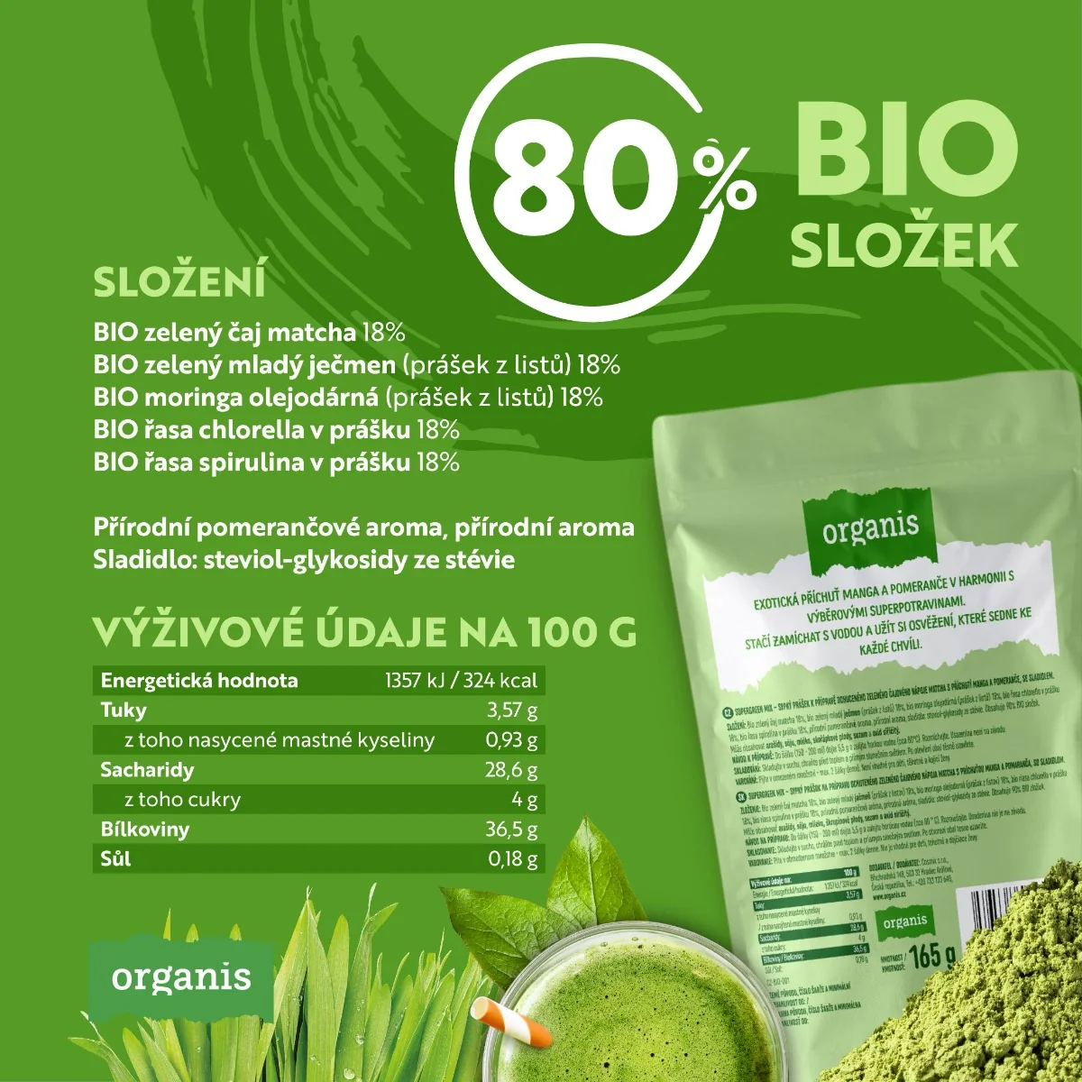 Organis Supergreen Mix mango a pomeranč 30 dávek 165 g