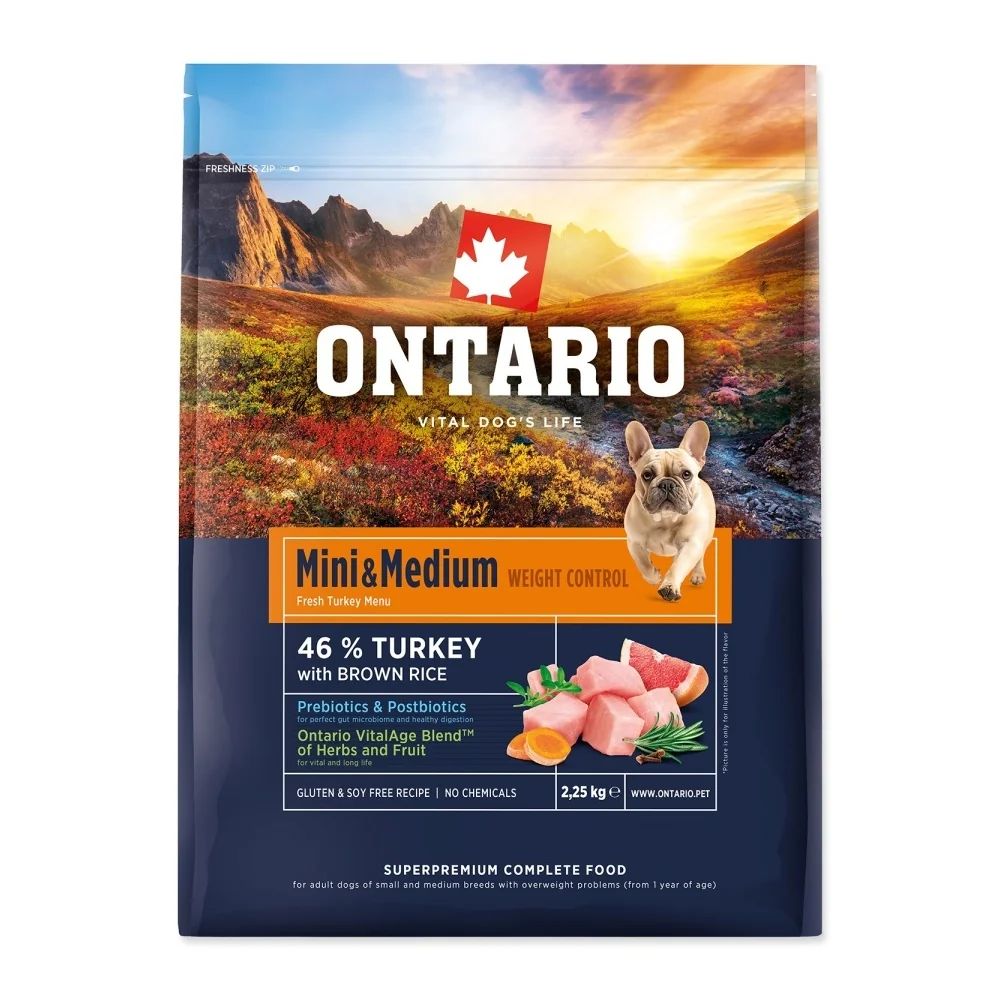 Ontario Mini & Medium Weight Control Turkey & Brown Rice krmivo 2,25 kg