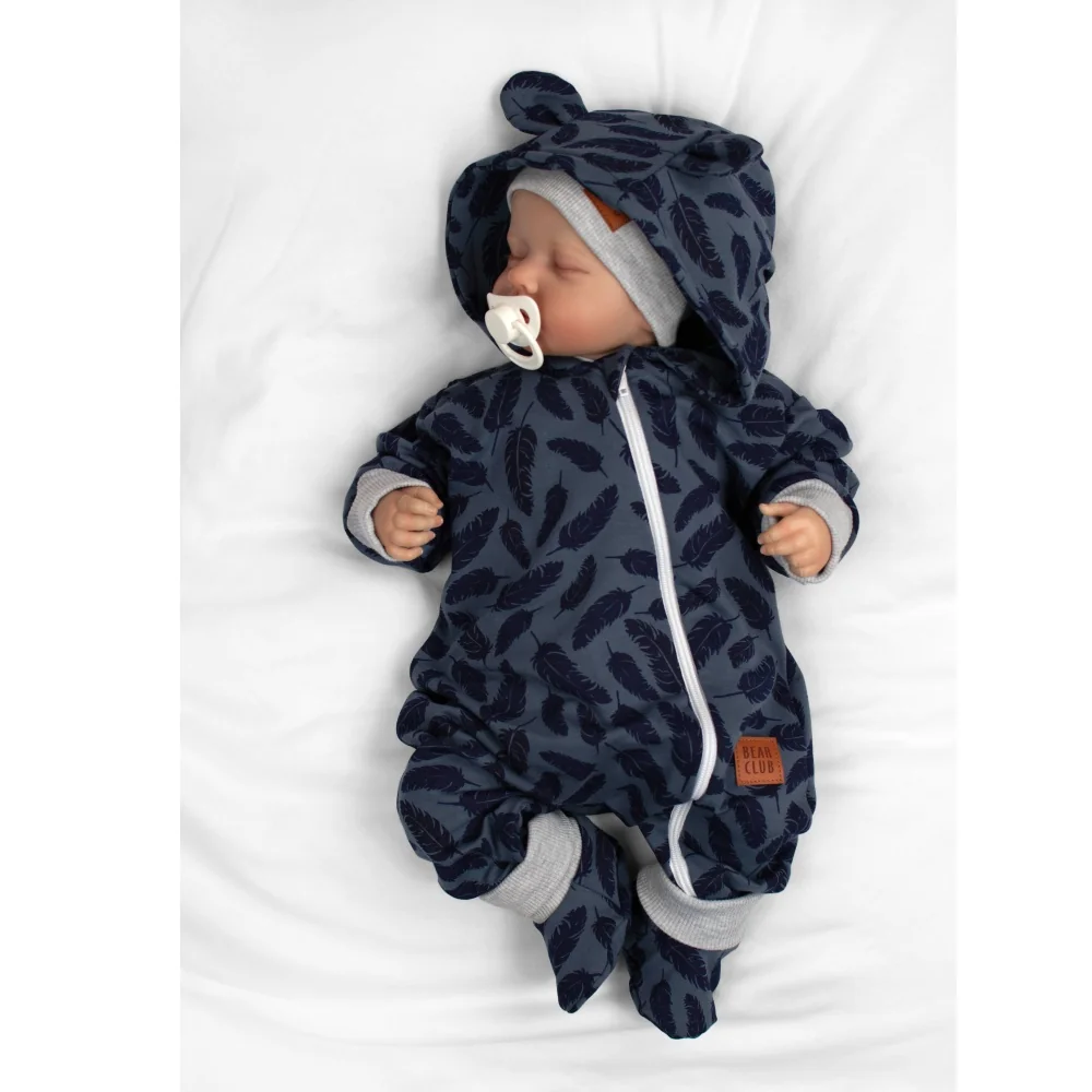 Baby Nellys Rostoucí teplákový overal, čepice, botky, 3D, Nature - jeans pírka, 80/86