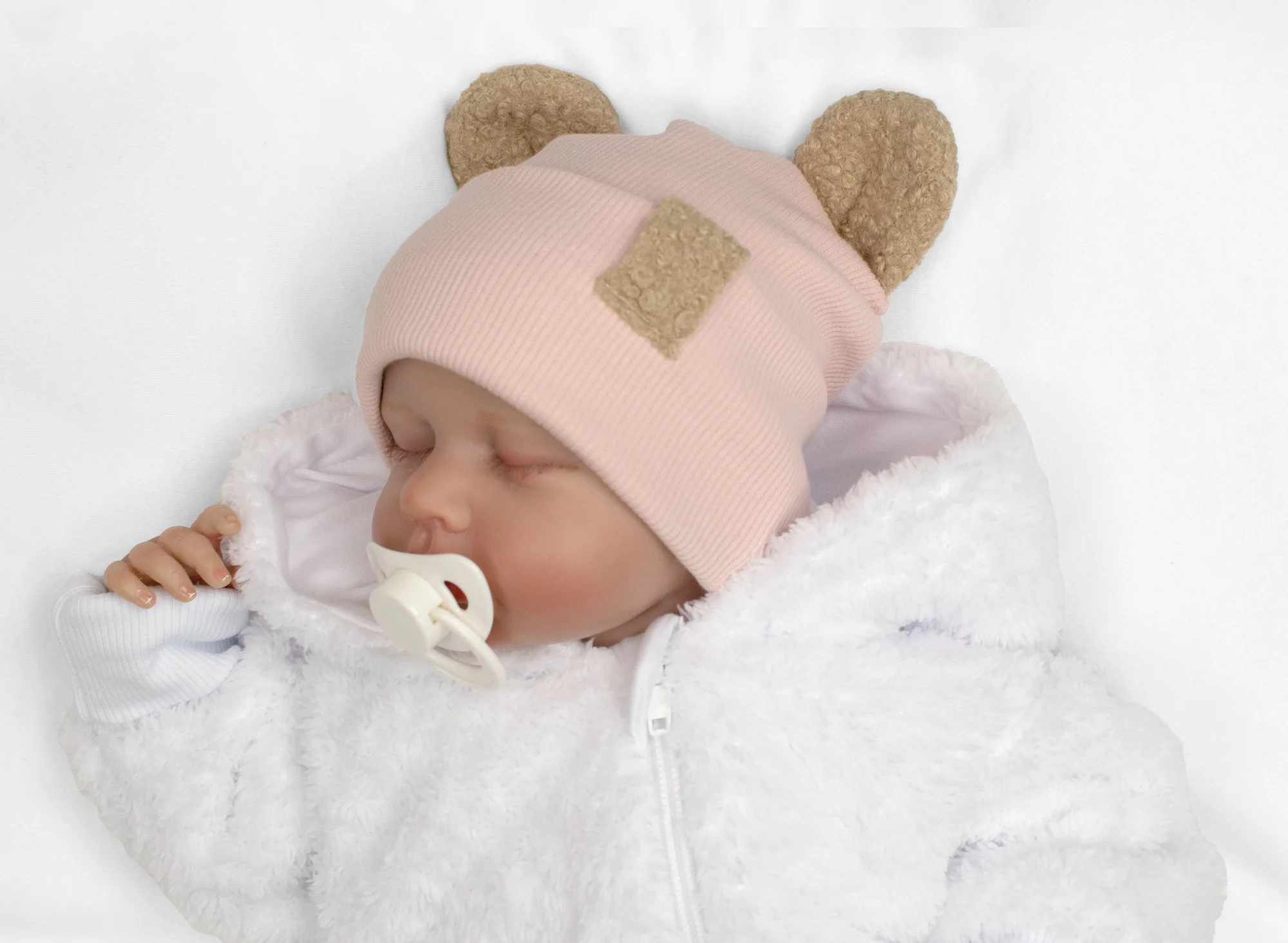 Baby Nellys Dvouvrstvá žebrovaná čepička s oušky boucle medvídek - růžová, 80/86