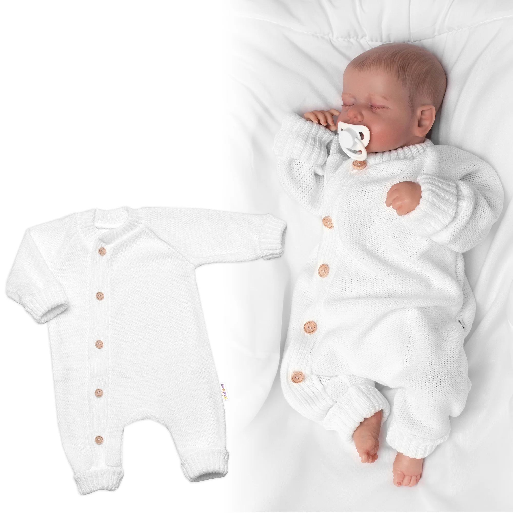 Baby Nellys Pletený overálek s knoflíčky zap. bokem, Hand Made, bílý,62