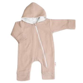 Baby Nellys Mušelinový overálek s kapucí, dvouvrstvý, Hand Made, béžový