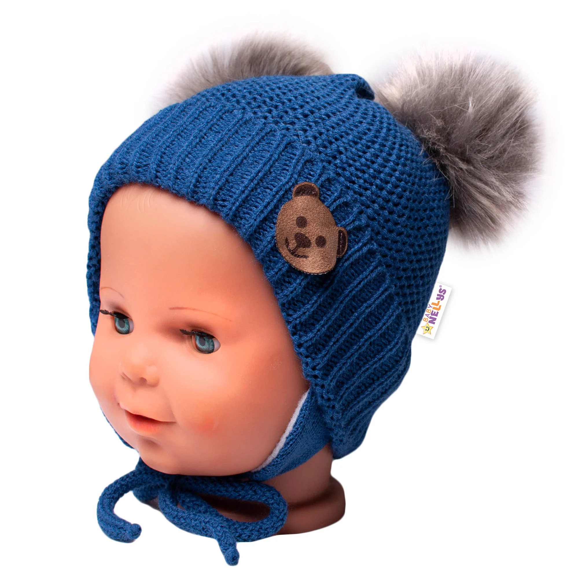 Baby Nellys Dětská zimní čepice s fleecem Teddy Bear- chlupáčk. bambulky - tm. modrá, šedá