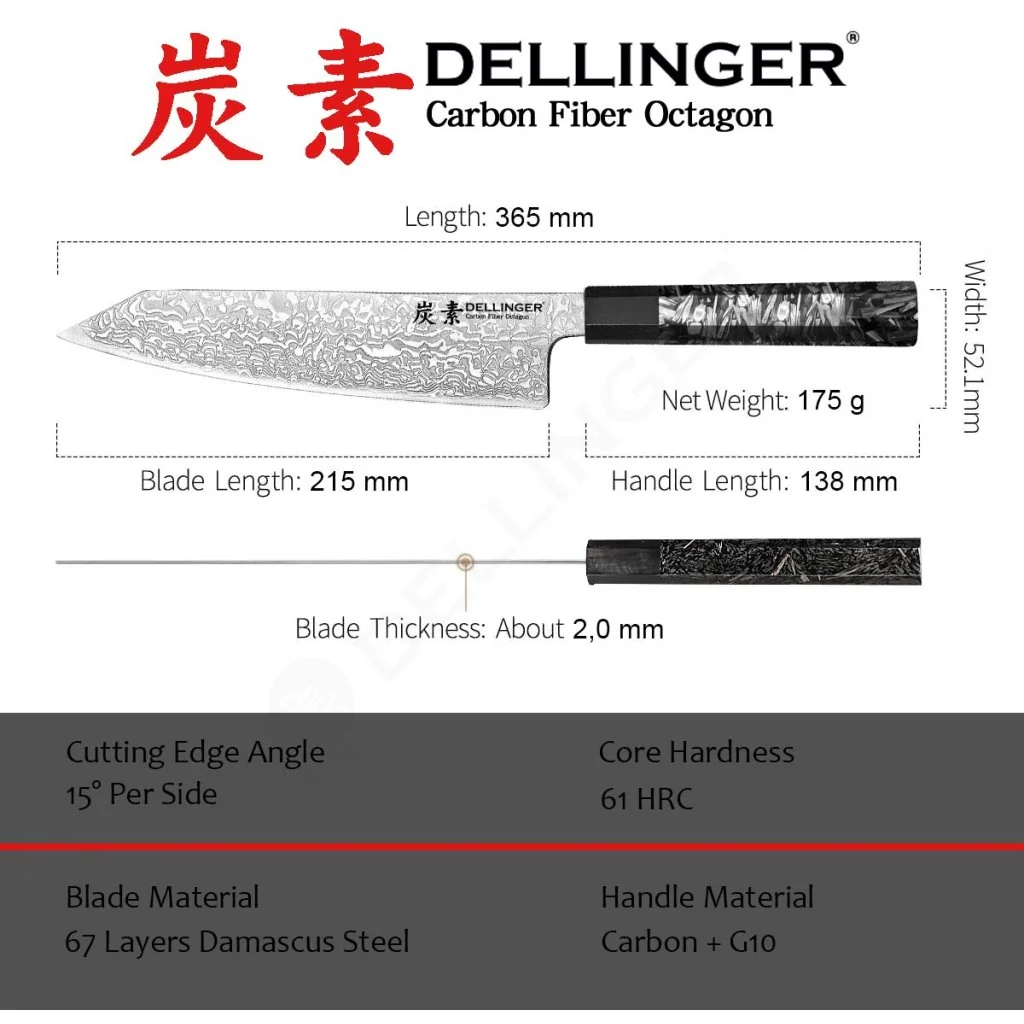 Dellinger Nůž Chef/Kiritsuke 215 mm Carbon Fiber Octagon®