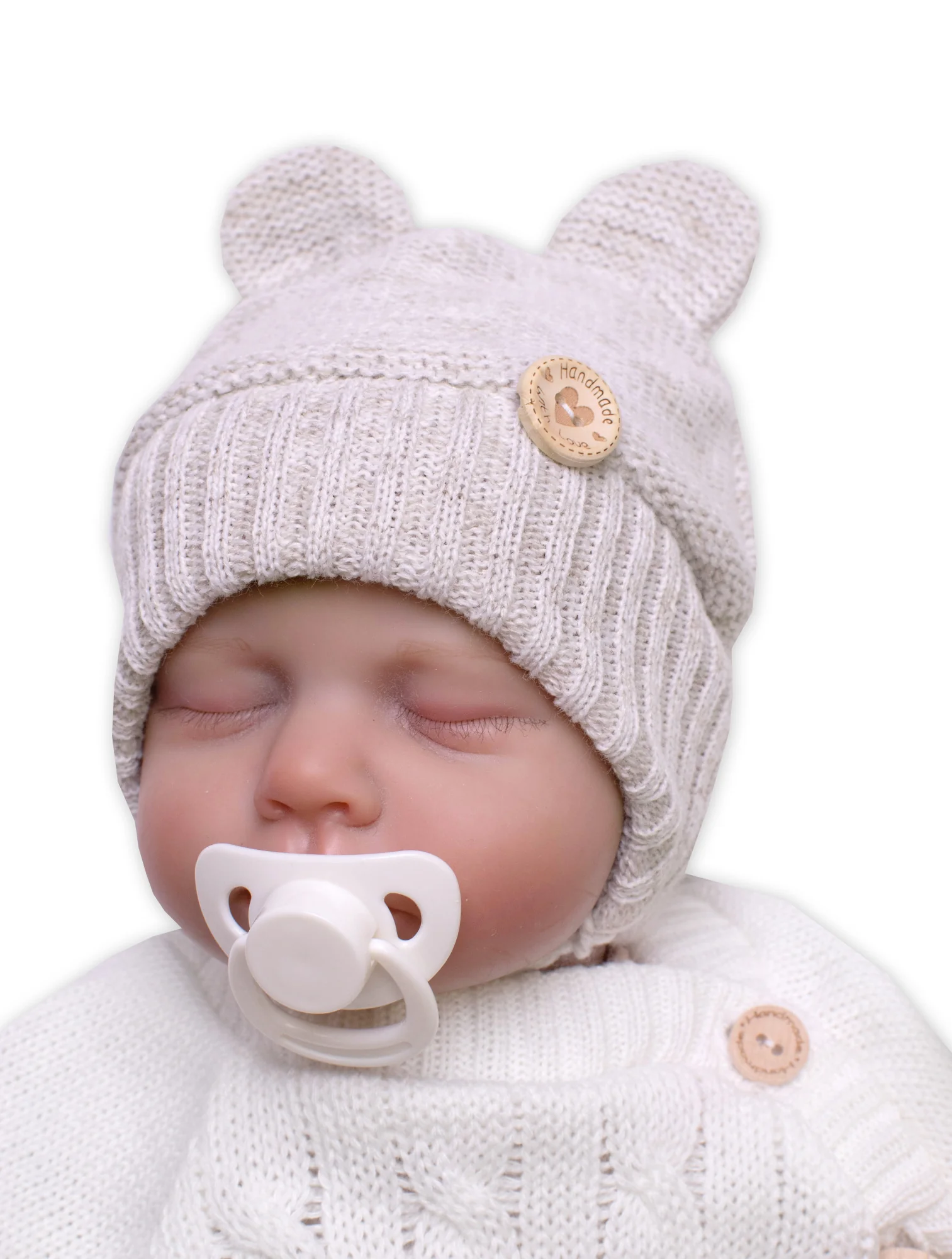 Baby Nellys Pletená čepice s oušky na zavazování Made with Love, béžový melírek, vel. 80/86