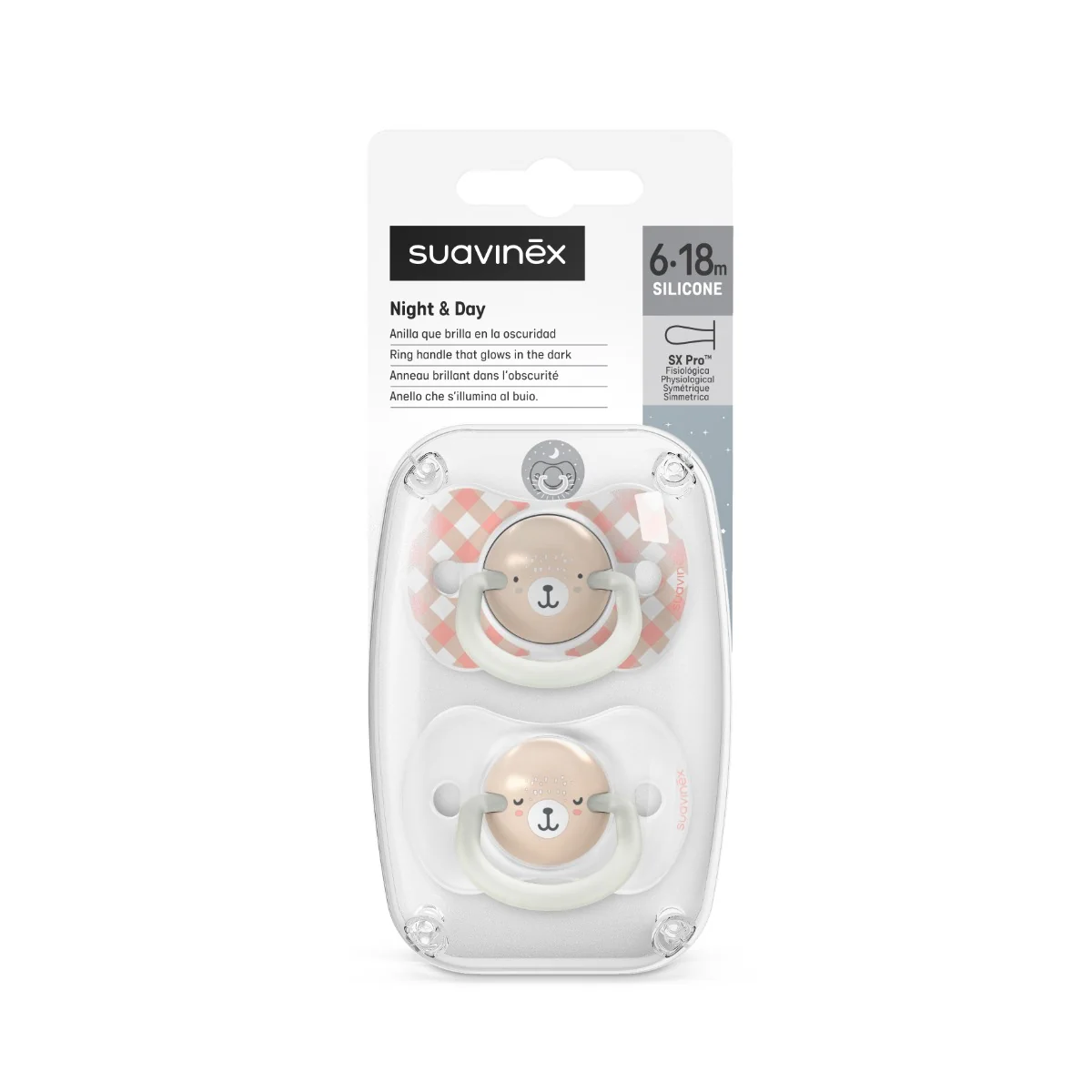 Suavinex Šidítko DEN&NOC fyziologické silikonové WILD 6-18m 2 ks růžové