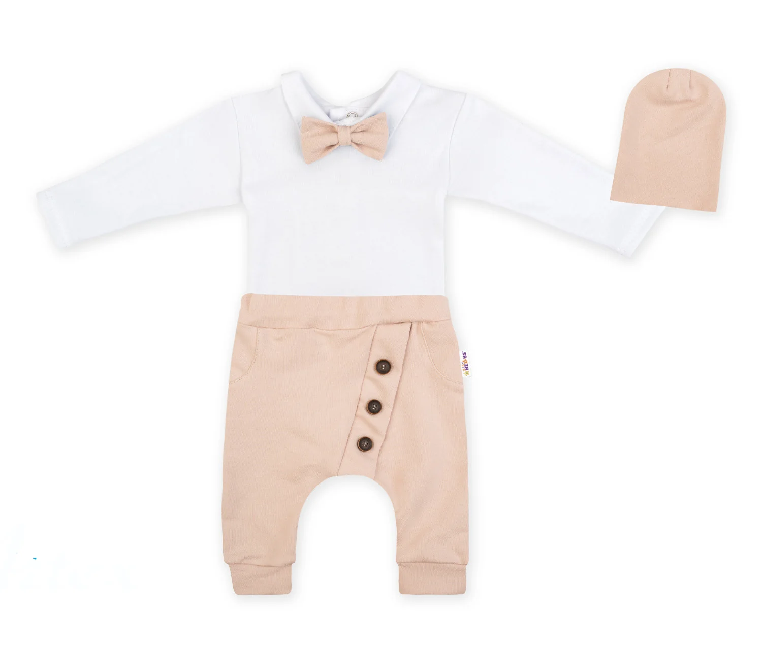 Baby Nellys 3-dílná sada Hubert, body s motýlkem, tepláčky a čepička - béžový, vel. 98 vel. 98