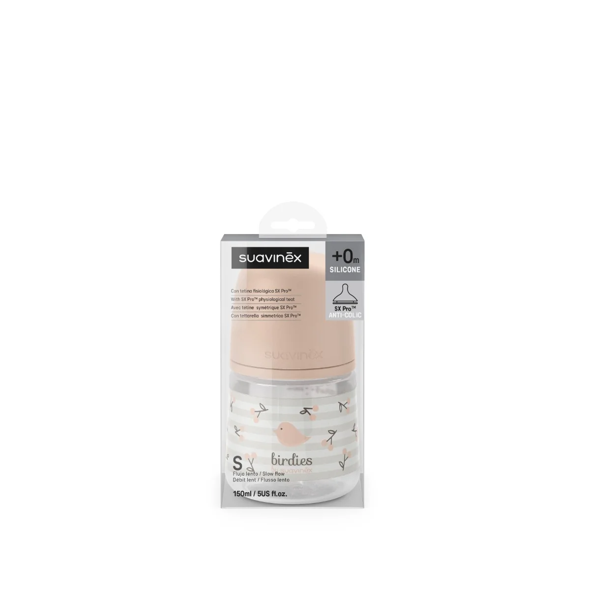 Suavinex Kojenecká láhev fyziologická BIRDIES S 150 ml 1 ks růžová