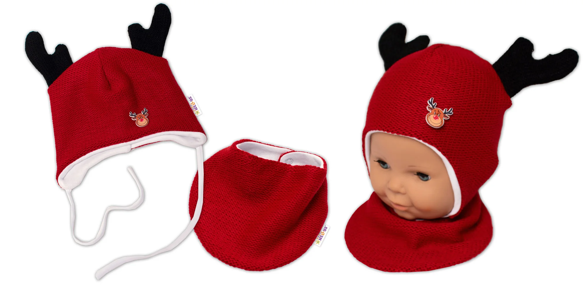 Baby Nellys Pletená dvouvrstvá čepice s šátkem Sobík, červená/bílá, 68/74