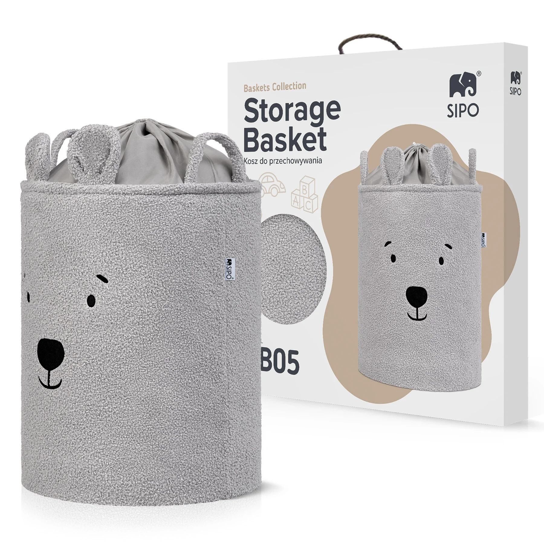 SIPO Koš na hračky Premium Bouclé se šňůrkou / 43 l, Bear (Grey)