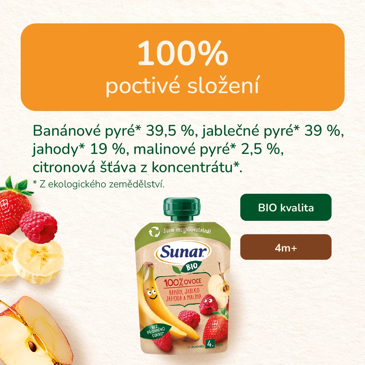 Sunar BIO Banán, jablko, jahoda, malina 4m+ kapsička 100 g