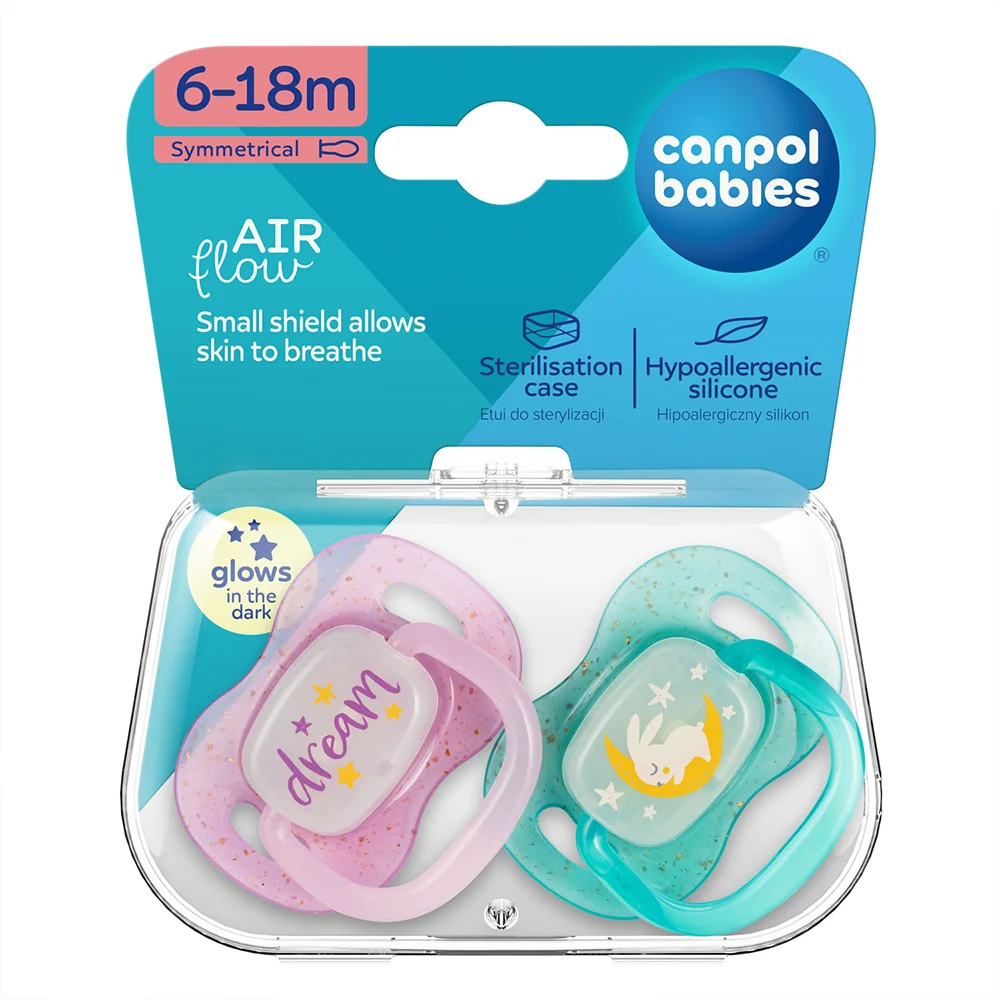 Canpol babies Svítící silikonový dudlík symetrický 6–18m 2 ks holka