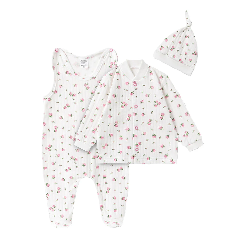 MBaby Bavlněná 3D sada, dupačky s košilkou + čepička, Amélie, bílá/růžová