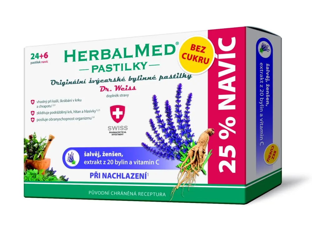 Dr. Weiss HerbalMed Šalvěj + ženšen + vitamin C BEZ CUKRU 24+6 pastilek