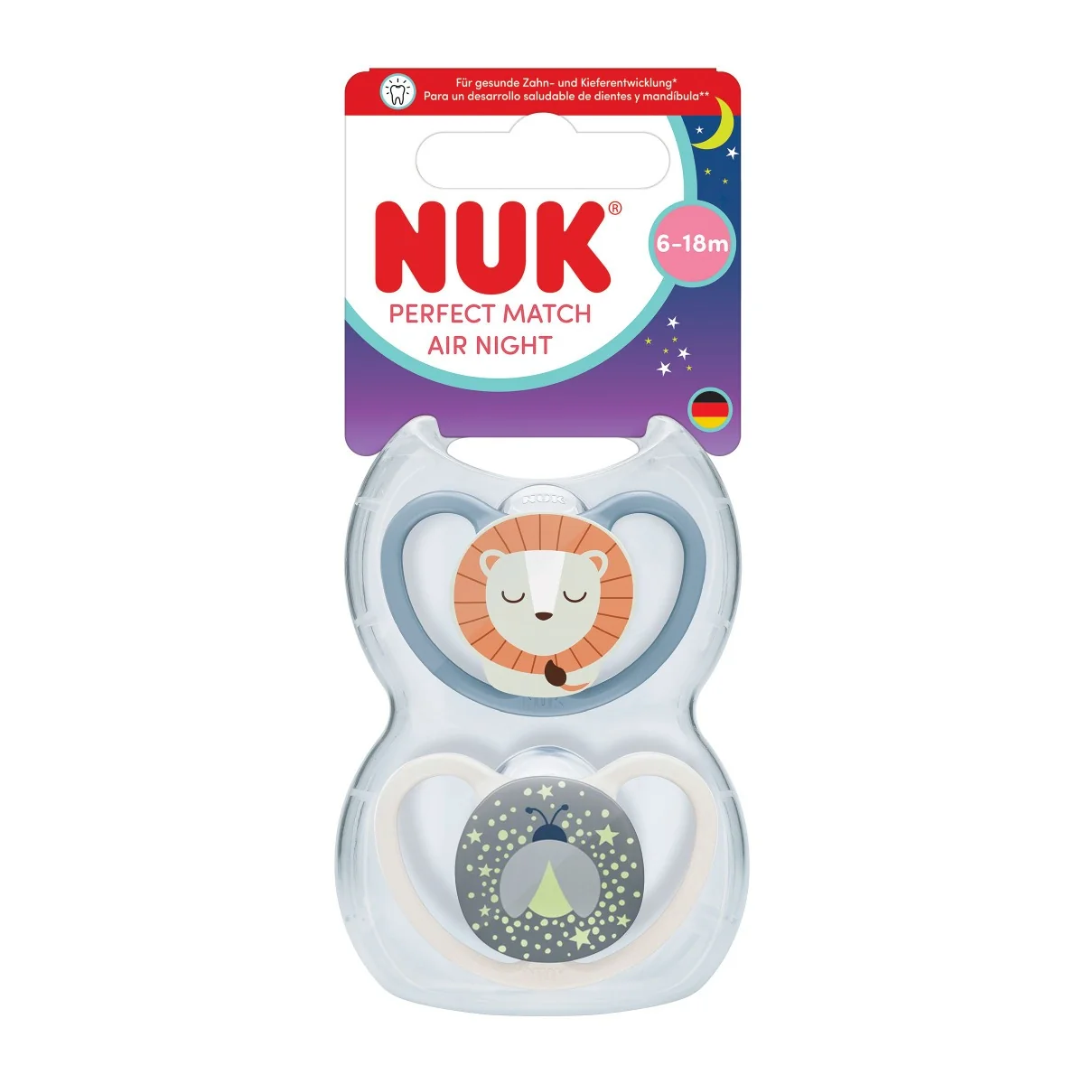 NUK Perfect Match Air Night Dudlík 6–18m box 2 ks firefly/lion