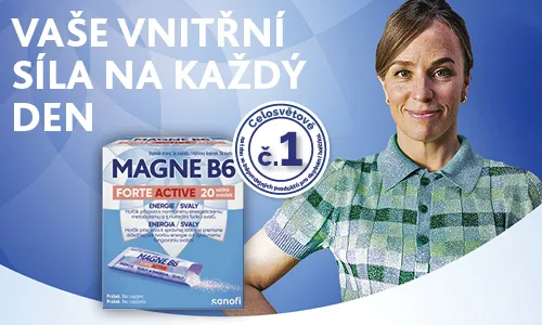 Magne B6 Forte Active 20 sáčků. Obsahuje kombinaci hořčíku a vitaminu B6.