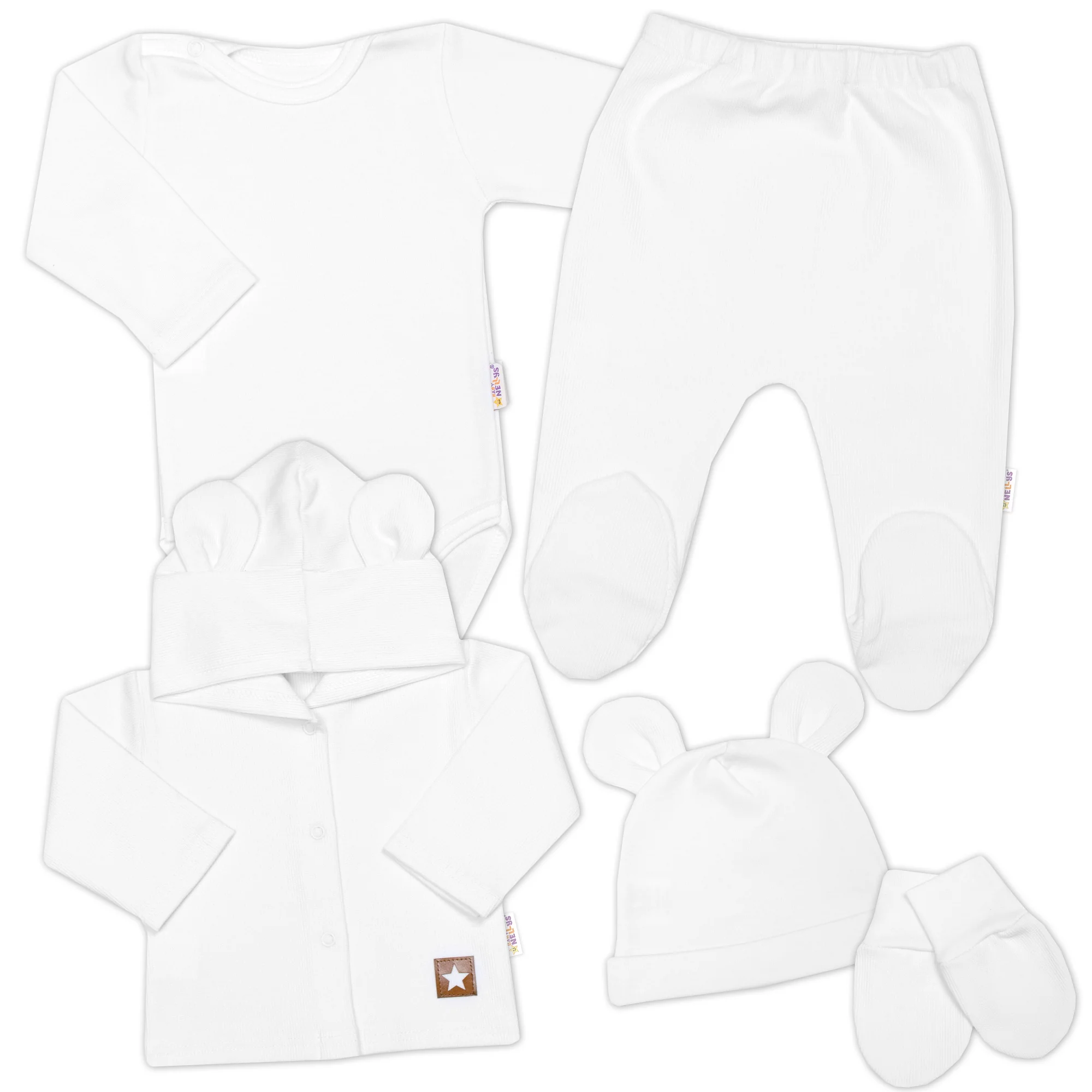 Baby Nellys Žebrovaná sada, Star 5D, body, polodupačky, kabátek, čepička - bílá, 74