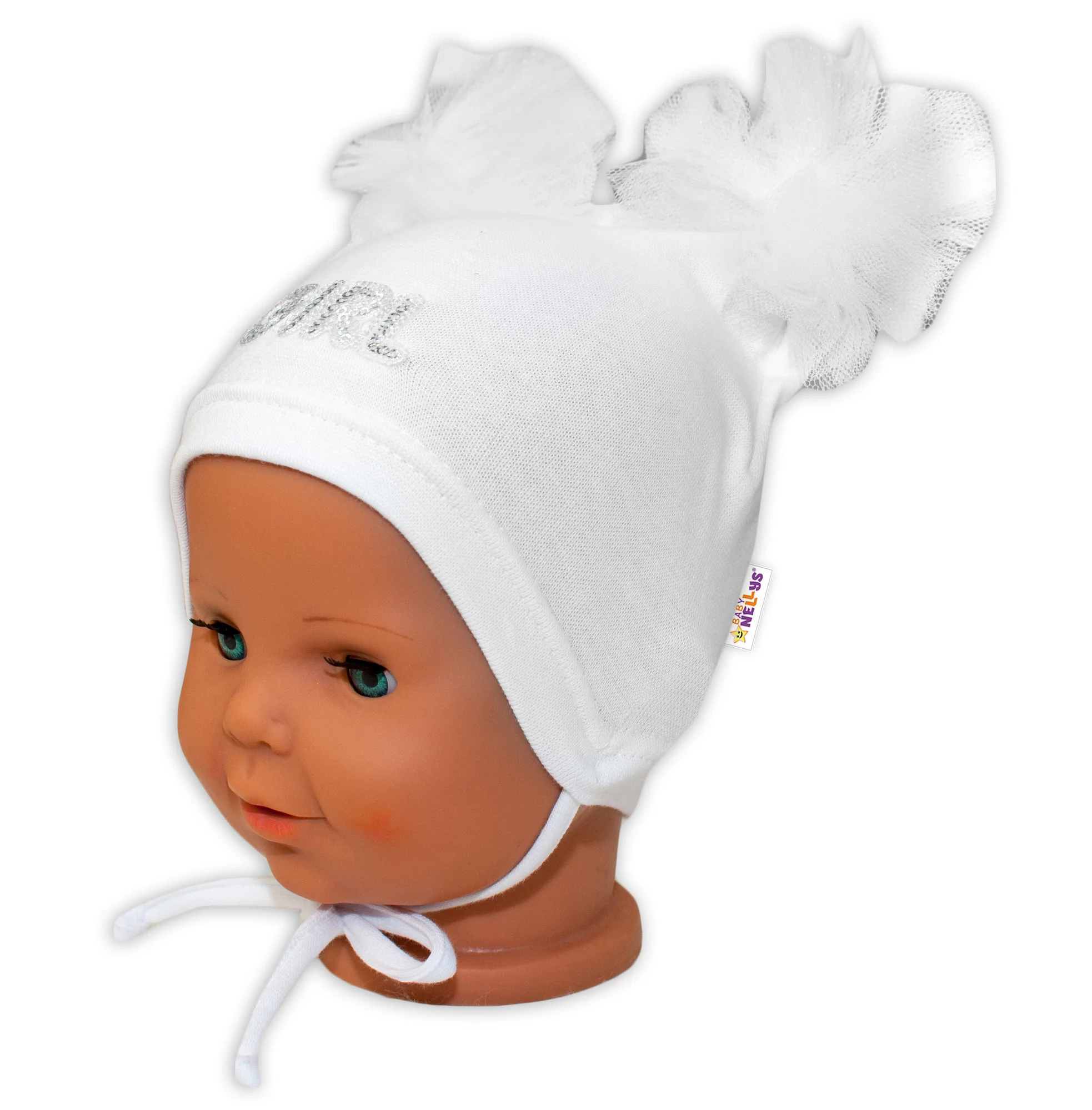 Baby Nellys Bavlněná čepička na zavazování s mašličkami Tutu - bílá, vel. 80/86