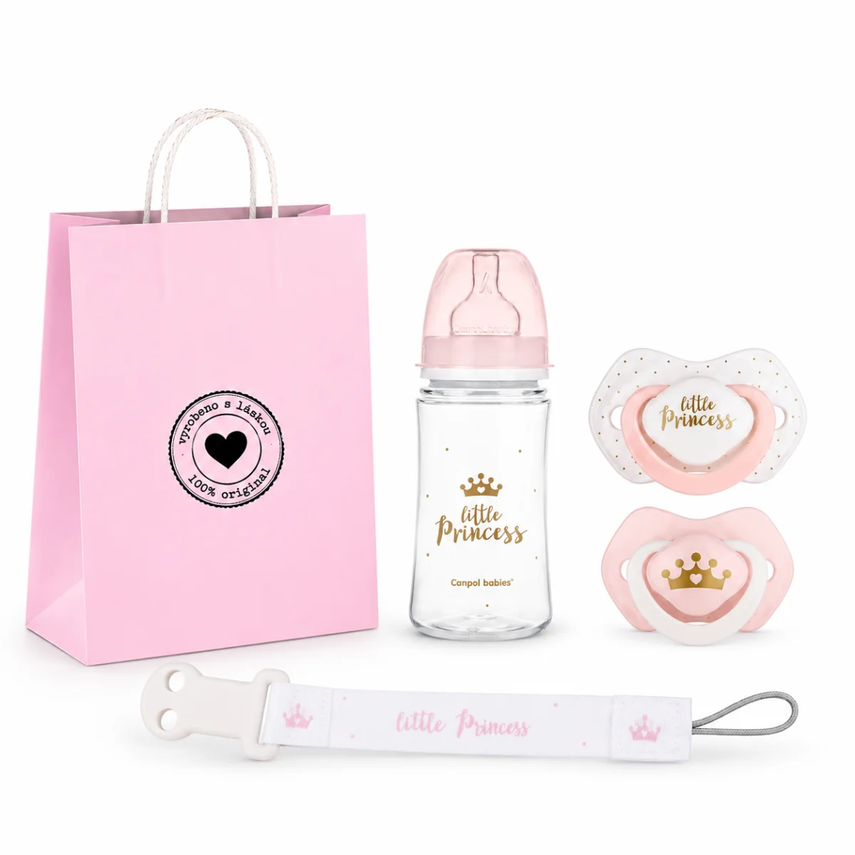 Canpol babies Dárková sada Little Princess  6–18m, lahvička, dudlíky, řetízek, taška zdarma