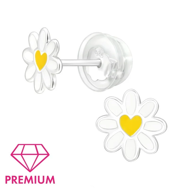 SILVER Dětské stříbrné náušničky Sedmikráska, premium, puzetové, silikon