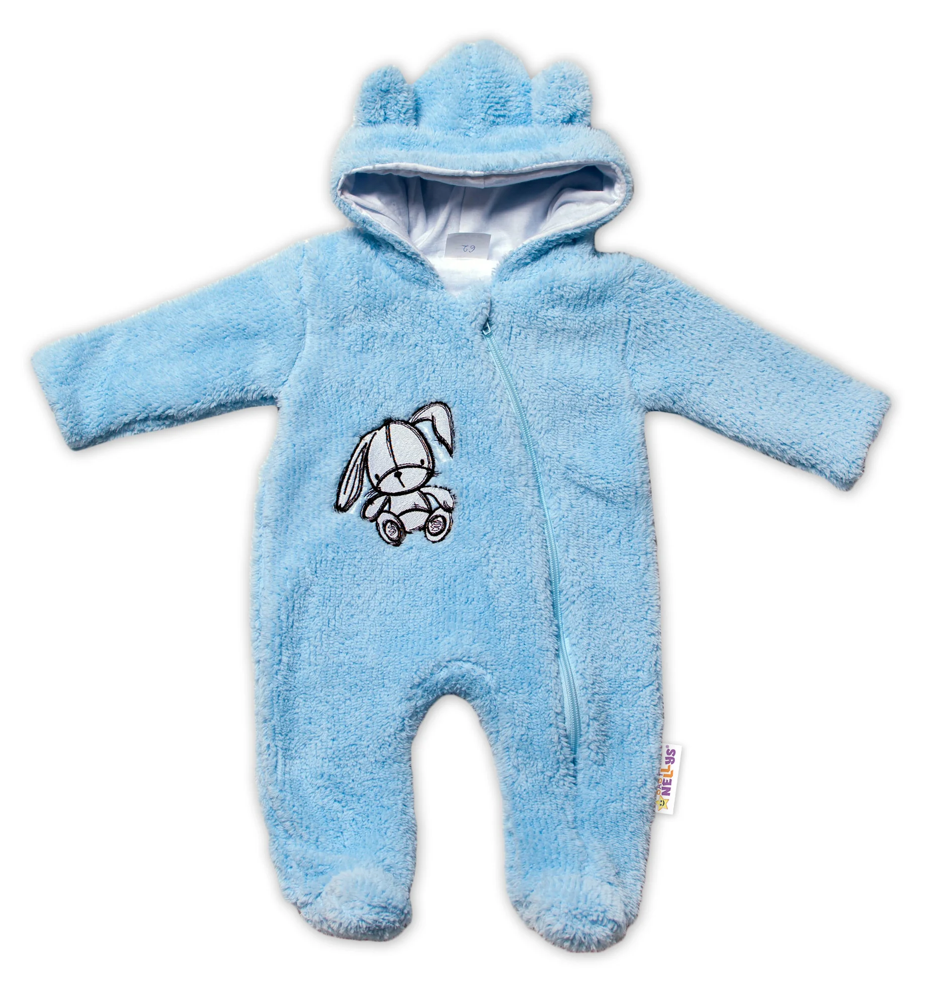 Baby Nellys Chlupáčkový overálek s kapucí, Cute Bunny - modrý, vel. 68 vel. 68