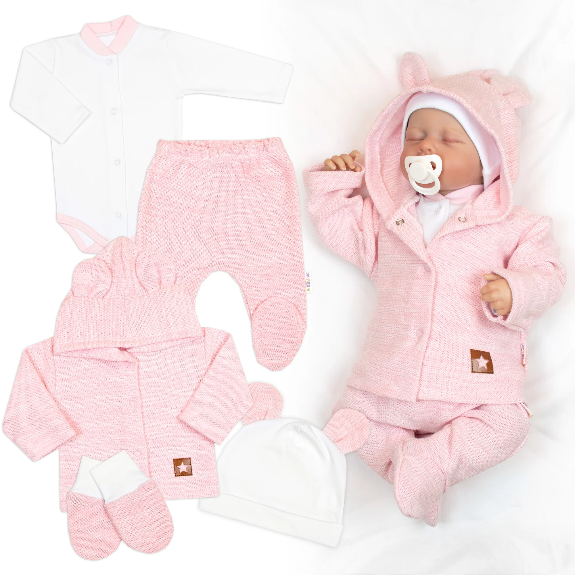 Baby Nellys Pletená sada oblečení pro miminko, Star 5D - růžová vel. 74