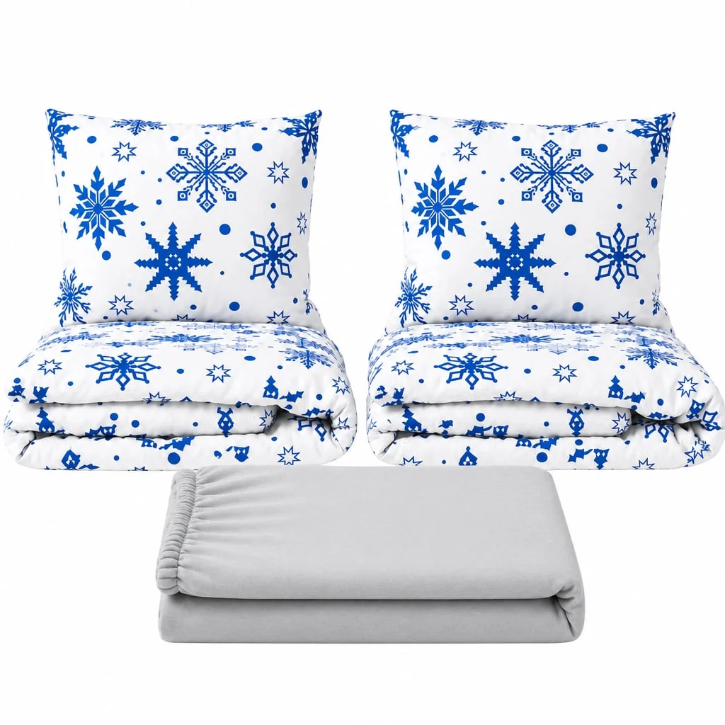 Povlečeme vše Set dvoulůžko Vločky modrobílé -2x povlečení, prostěradlo 180x200cm(043) sv.šedá