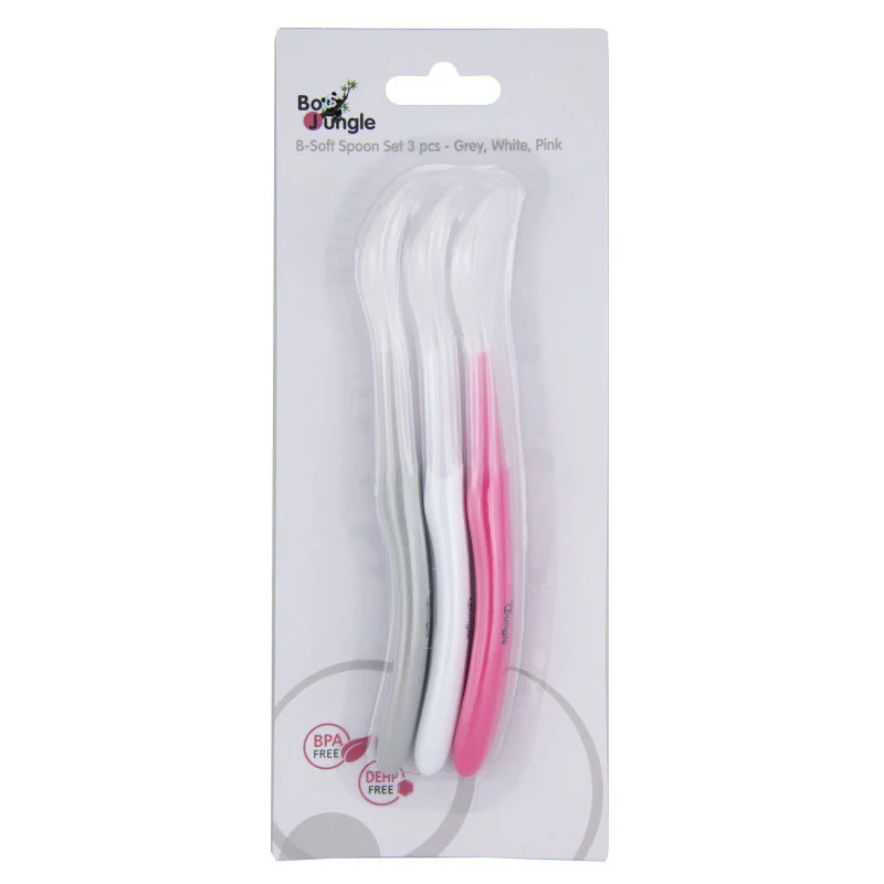 Bo Jungle měkké jídelní lžičky White/Pink/Grey 3ks