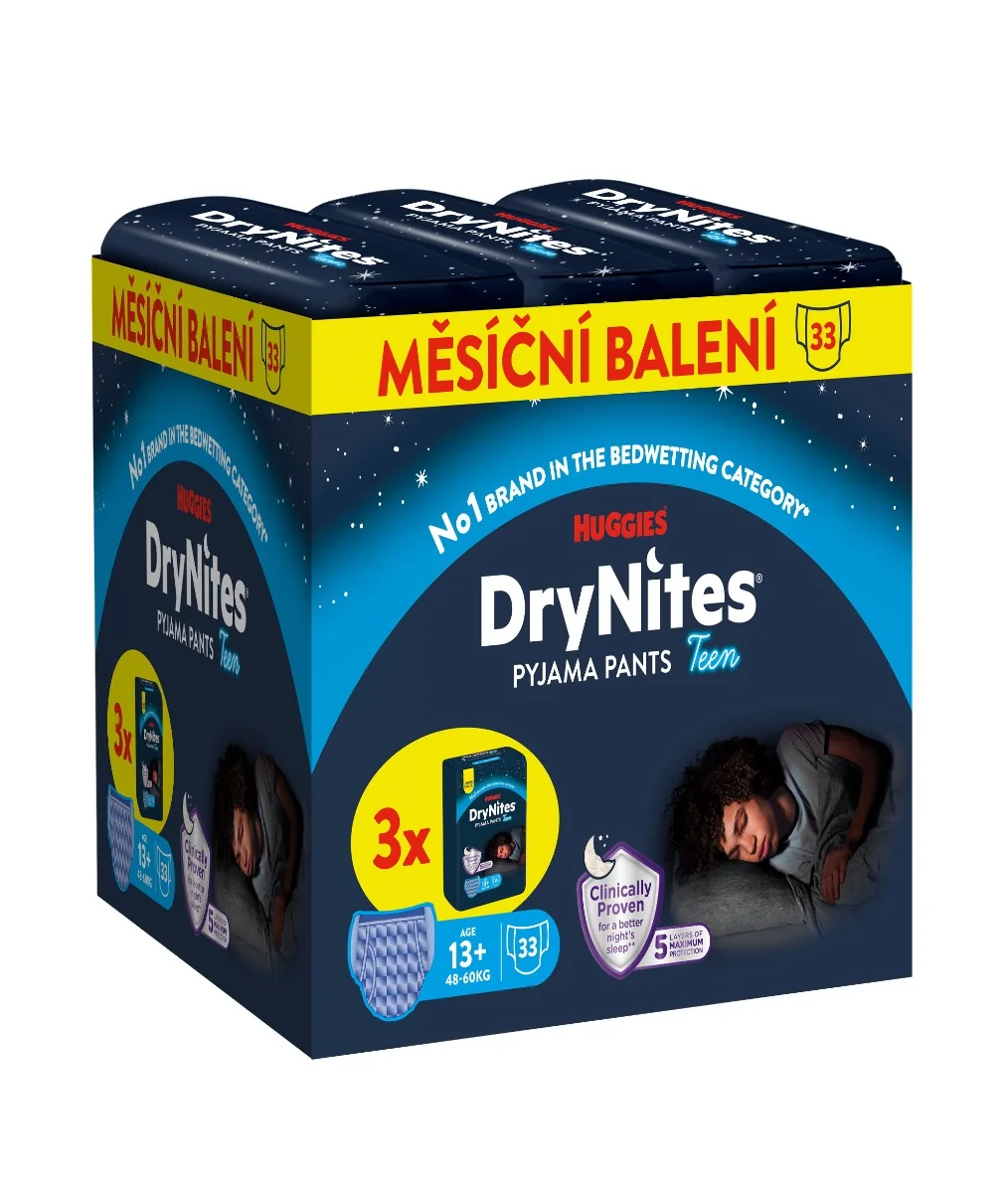 HUGGIES DryNites Natahovací kalhotky pro chlapce 13+ let 48–60 kg JUMBO 3x11 ks