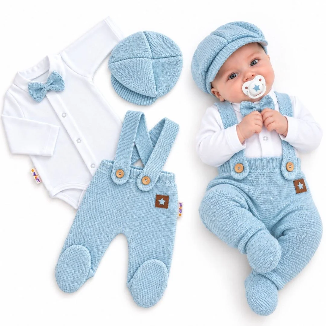 Baby Nellys Pletená souprava Gentleman 3D, body, polodupačky, čepička, sv. modrá, 62