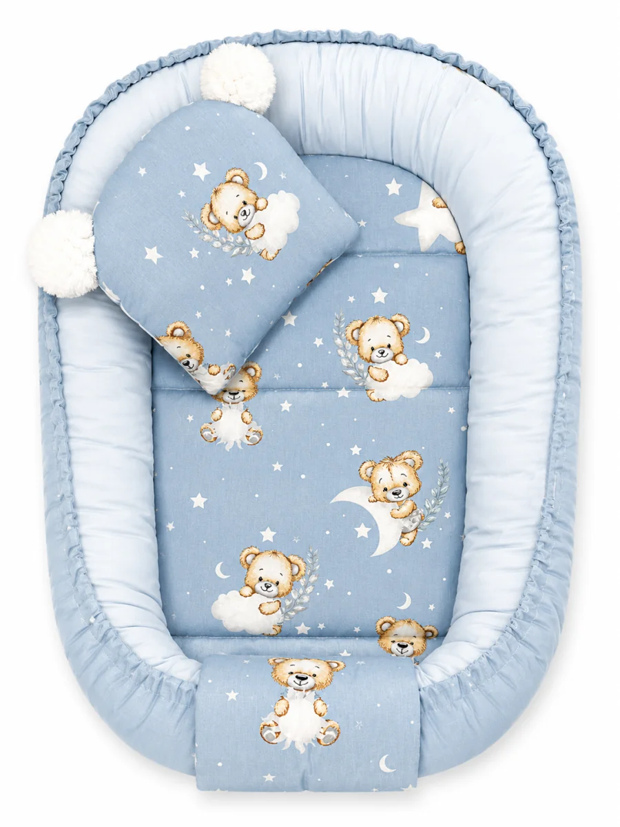 Baby Nellys Oboustranné hnízdečko, podložka + polštářek 3D,Sleepy Teddy, modré
