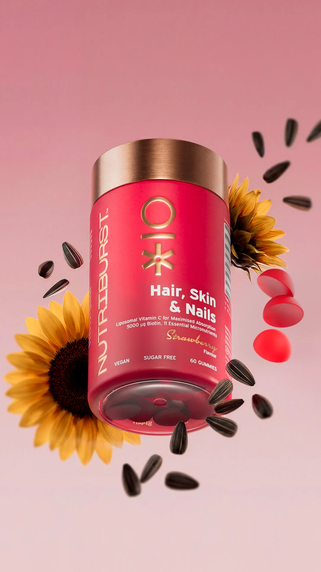 Nutriburst Premium Hair, Skin, Nails gummies s biotinem, vitamíny, zinkem 60 ks jahoda