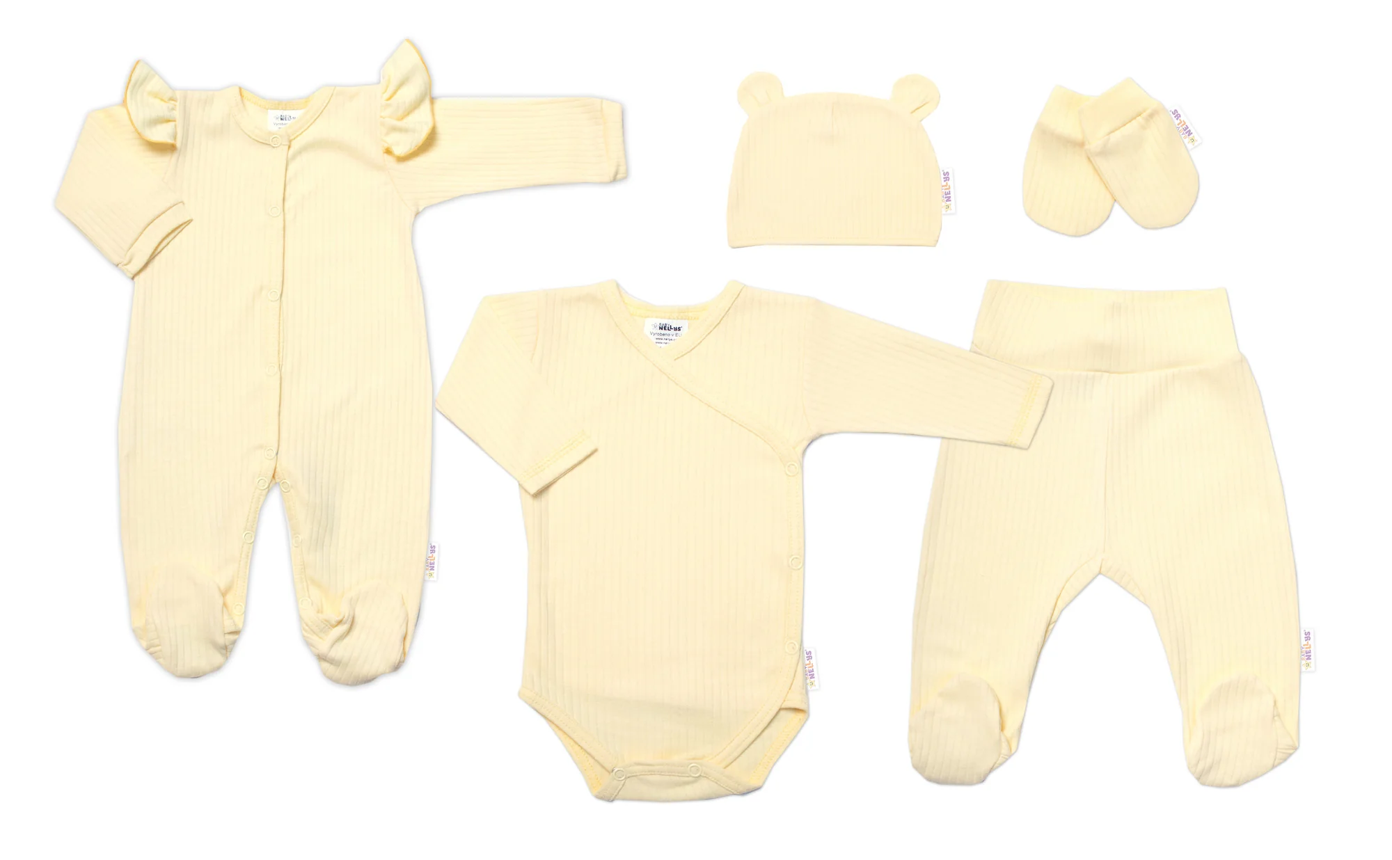 Baby Nellys Praktická 5-dílná žebrovaná soupravička do porodnice GIRL, žlutá, vel. 68 vel. 68