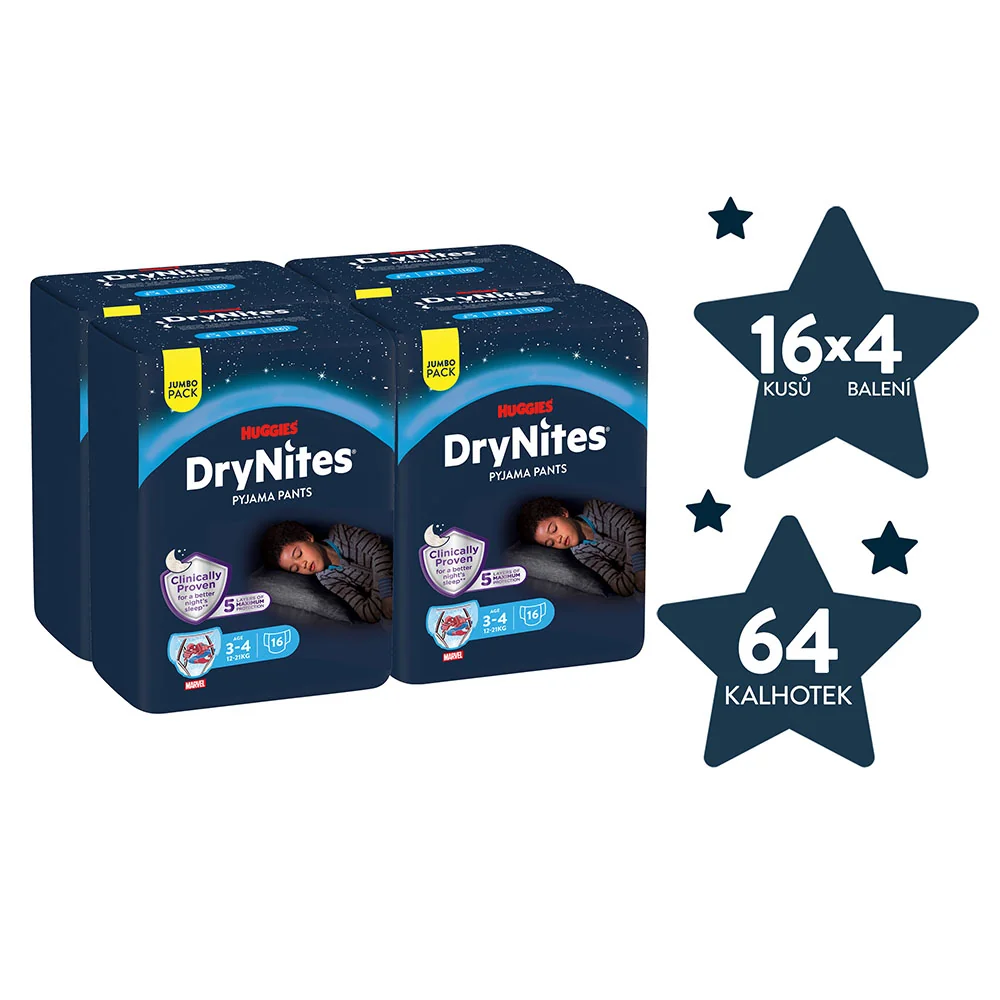 HUGGIES DryNites Natahovací kalhotky pro chlapce 3–4 roky 12–21 kg JUMBO 4x16 ks