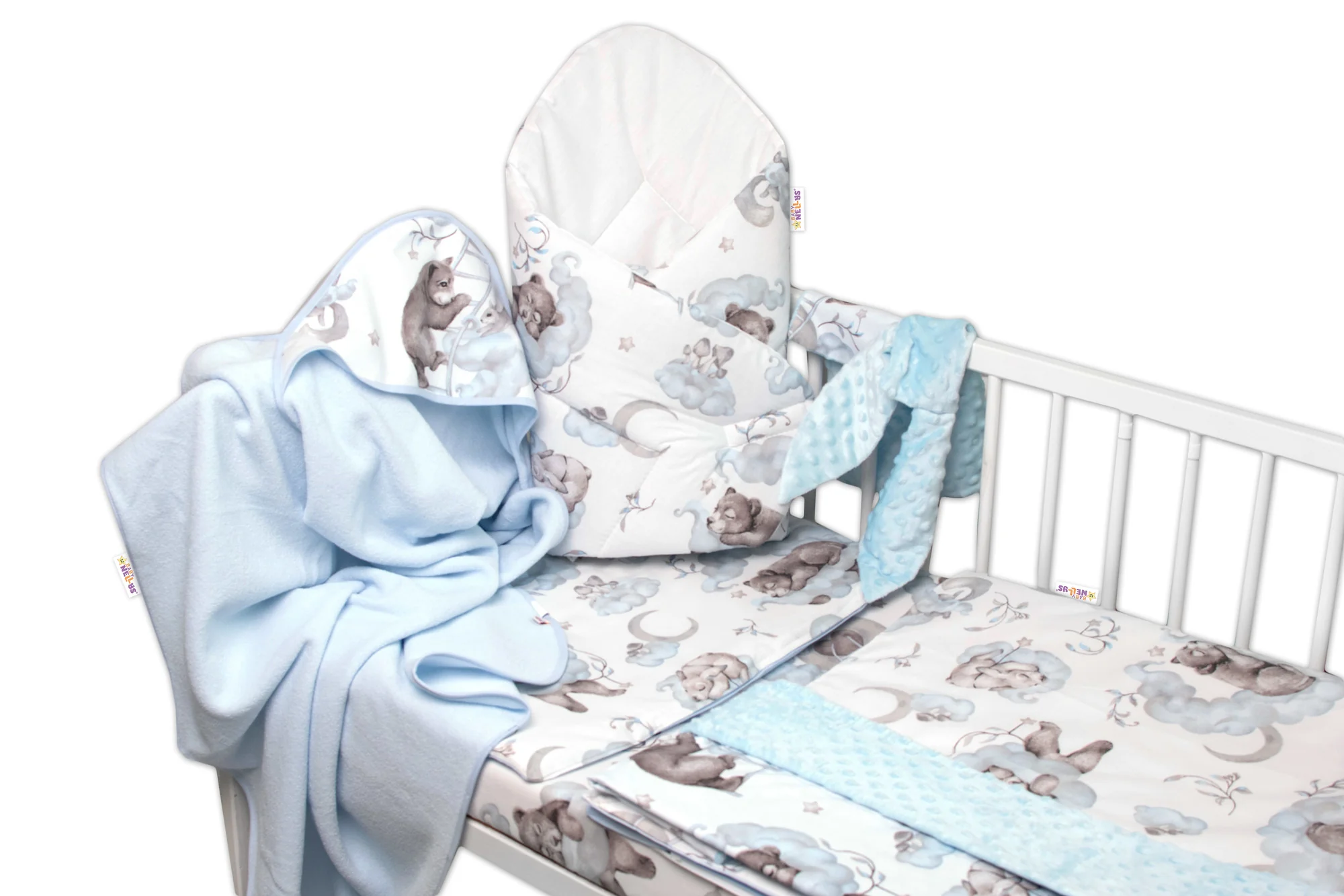 Baby Nellys 6-ti dílná výhod. sada s dárkem pro miminko , 135x100 Zvířátka na mráčku, modrá