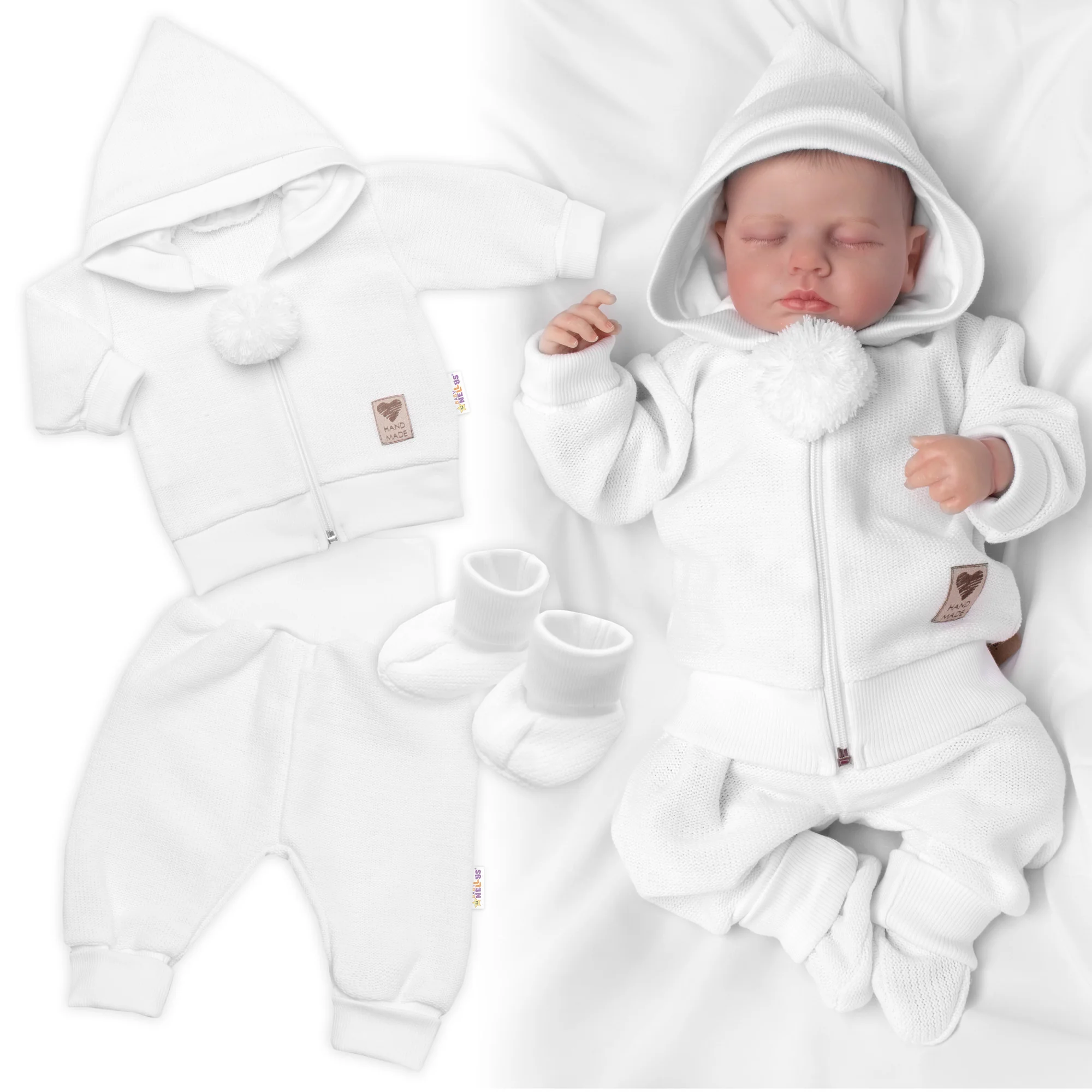 Baby Nellys 3D sada Hand made, kabátek, kalhoty, botičky, bílá,56