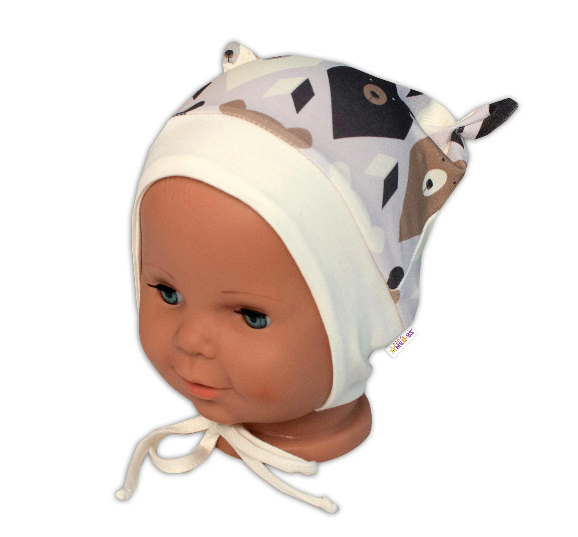 Baby Nellys Kojenecká čepička uzlíček na zavazování - Medvědi, hnědá vel. 68/74