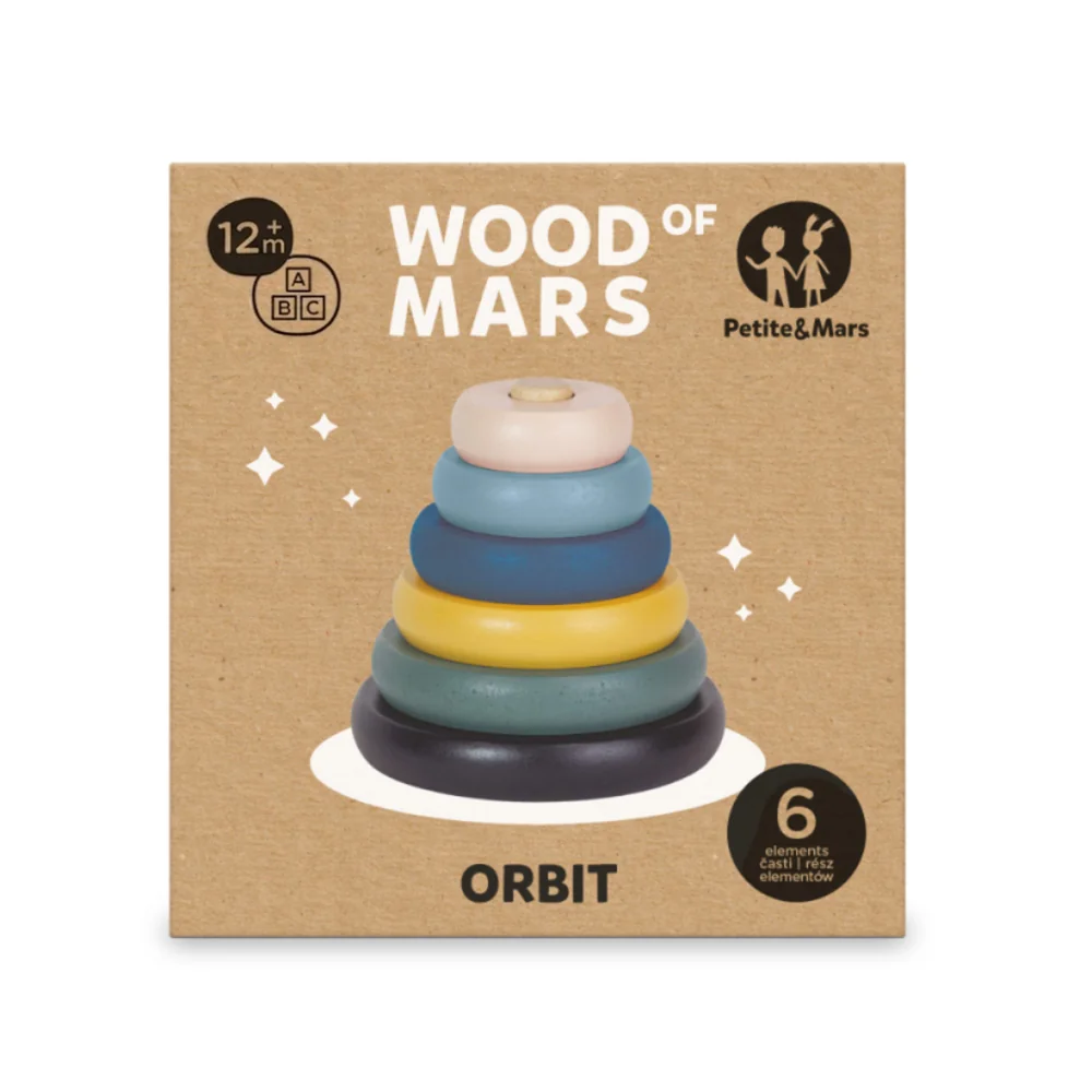 Petite&Mars Orbit Wood of Mars 12m+ hračka dřevěná stohovací 1 ks cosmic blue
