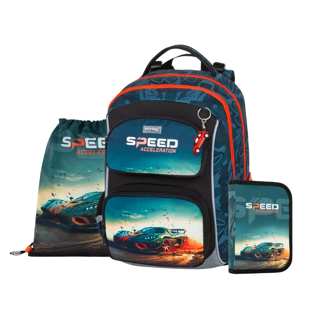 Oxybag OXY JUMPER - školní set Auto 3 ks: batoh, penál, sáček batoh, penál, sáček