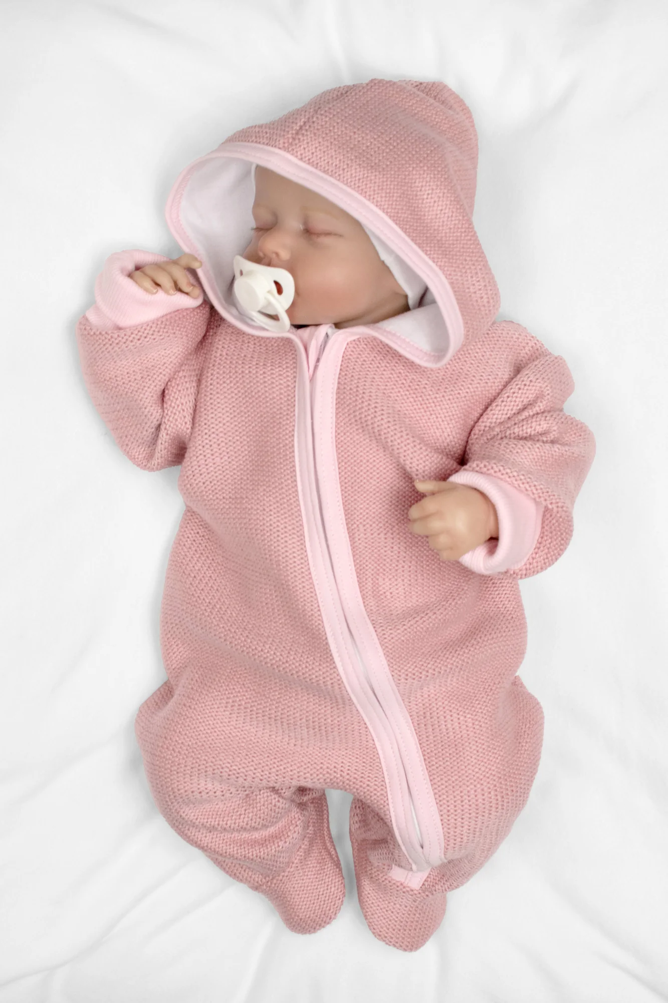 Baby Nellys Pletený overal s kapucí, CUTE - pudrově růžový, veľ. 68