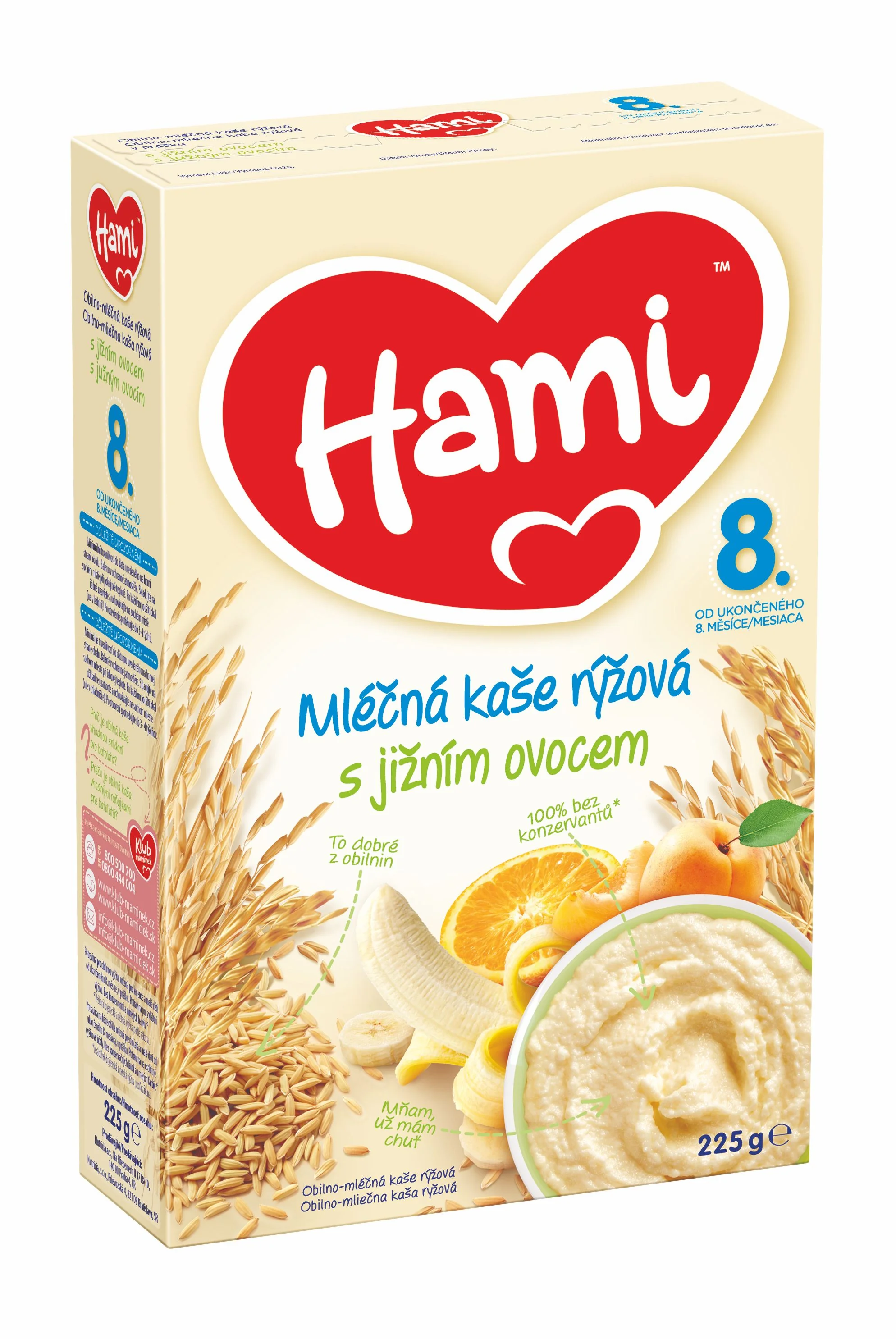 HAMI kaše rýžová mléčná s jižním ovocem 225g 8M