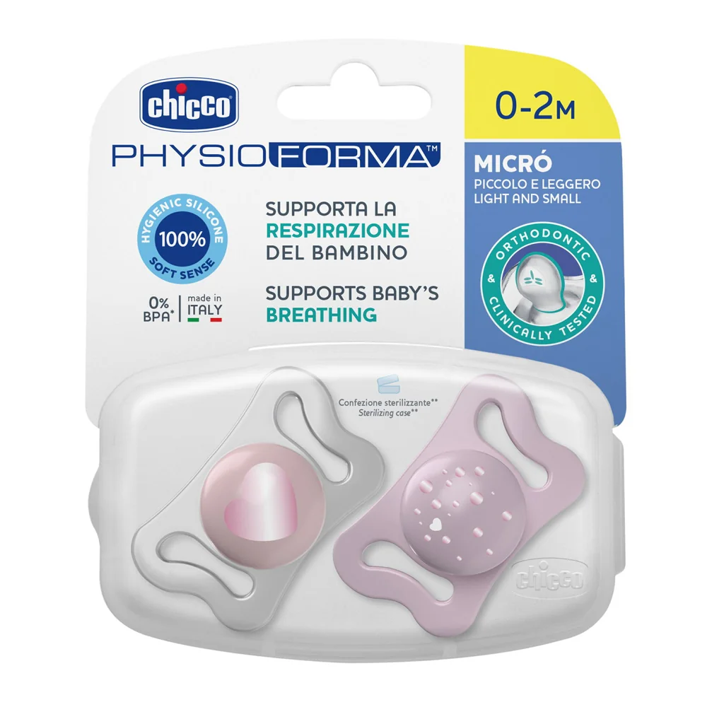 Chicco Dudlík Physioforma® Micro silikonový holčičí 0–2 m 2 ks
