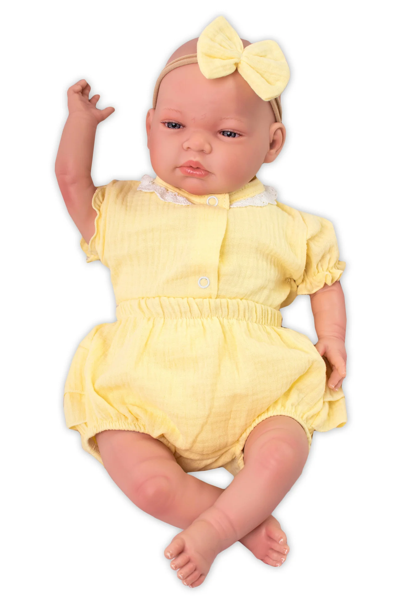 Baby Nellys 3-dílná mušelínová soupravička, body, kraťasky + čelenka GIRL, žlutá
