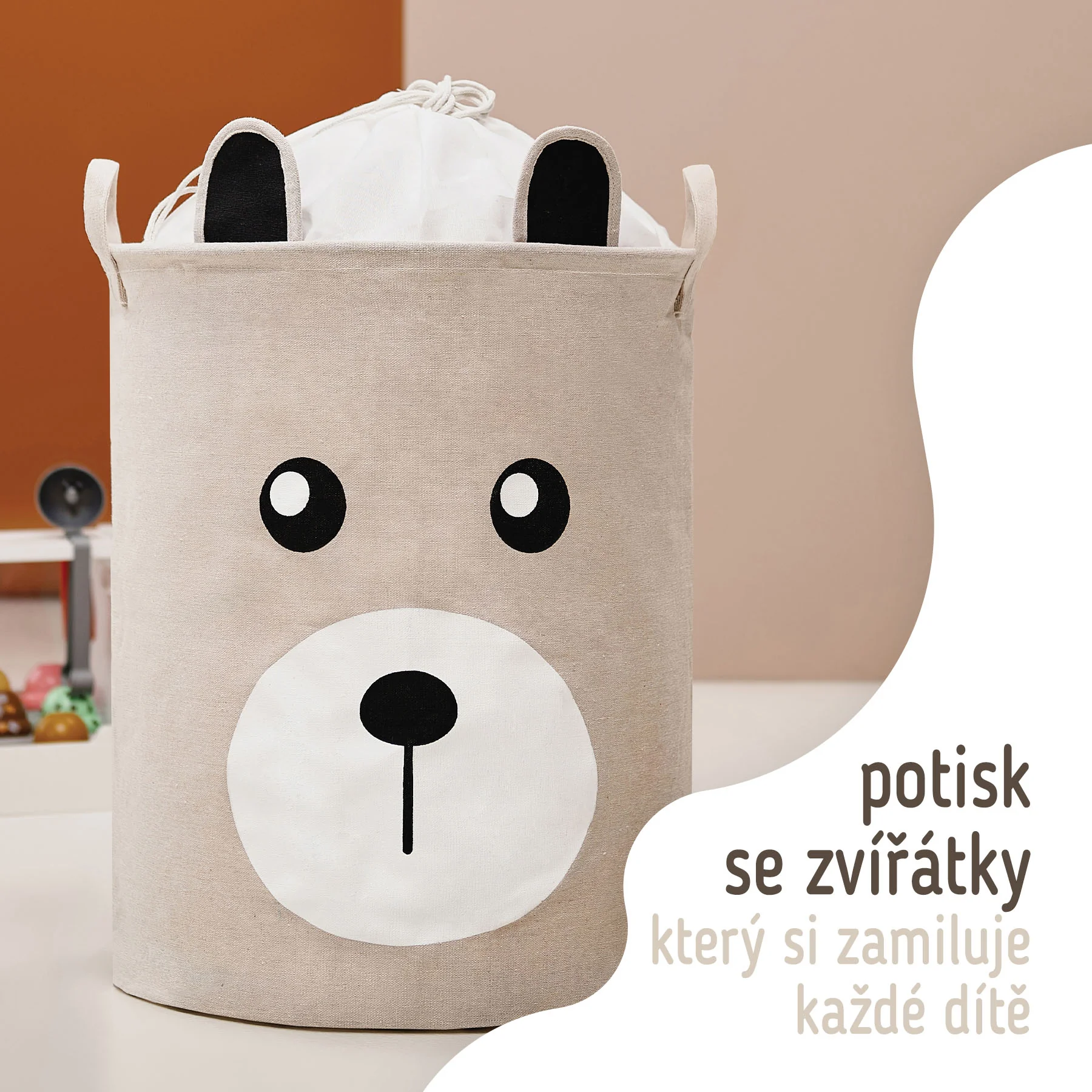 SIPO Koš na hračky se šňůrkou, skládací bavlněný / 43 l, Teddy Bear Beige