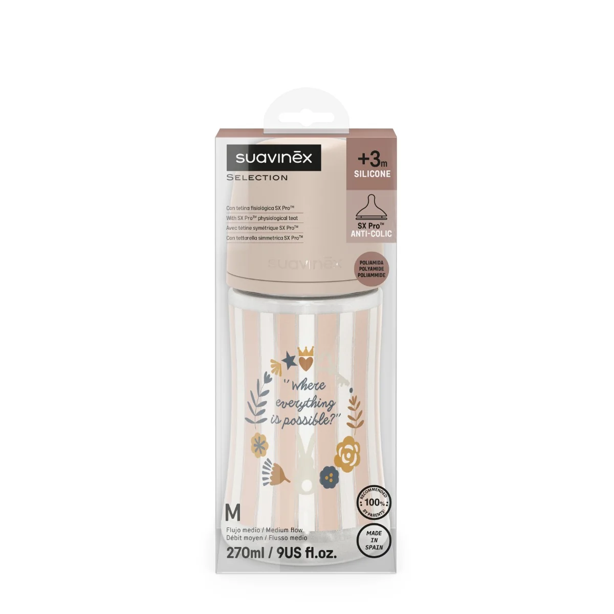 Suavinex Wonderland Kojenecká láhev průtok M 3m+ 270 ml 1 ks růžová