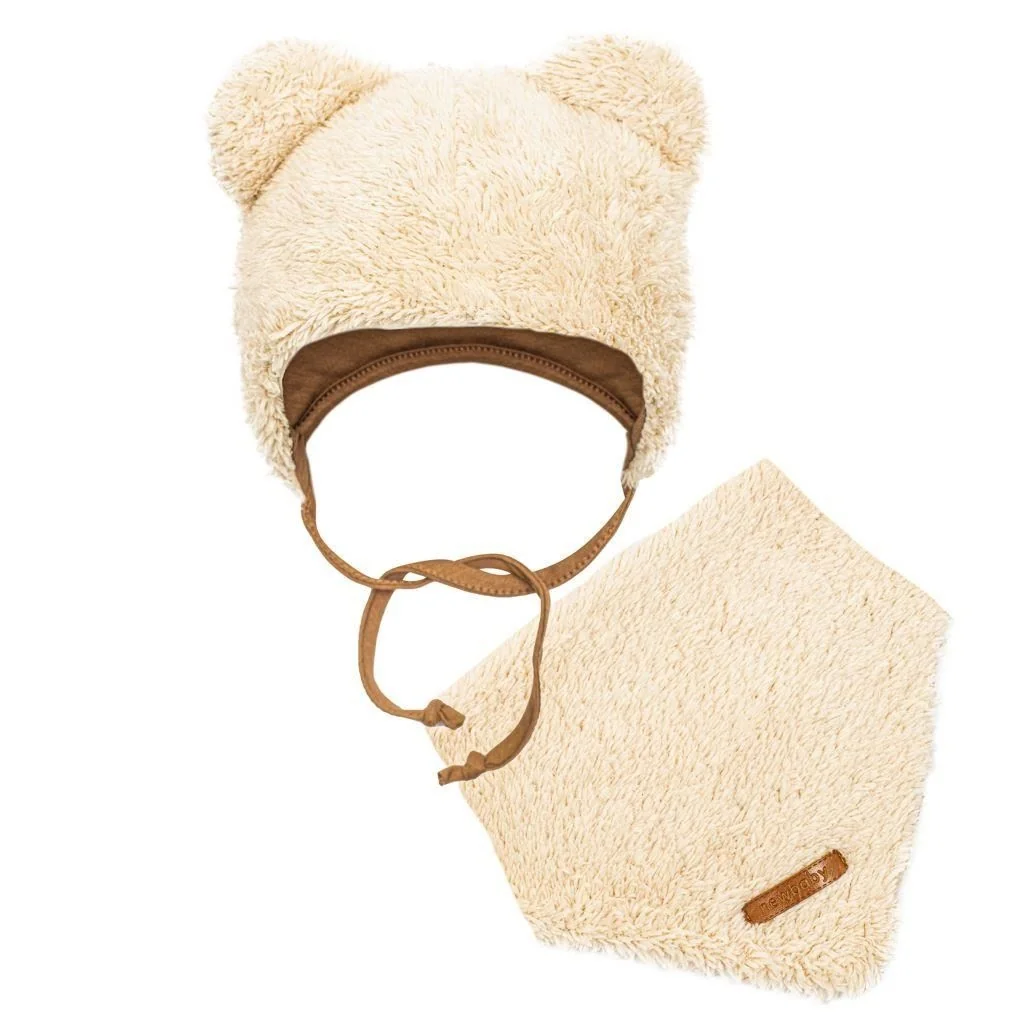 New Baby Zimní kojenecká čepička s šátkem na krk Teddy bear béžová, vel. 80 (9-12m)