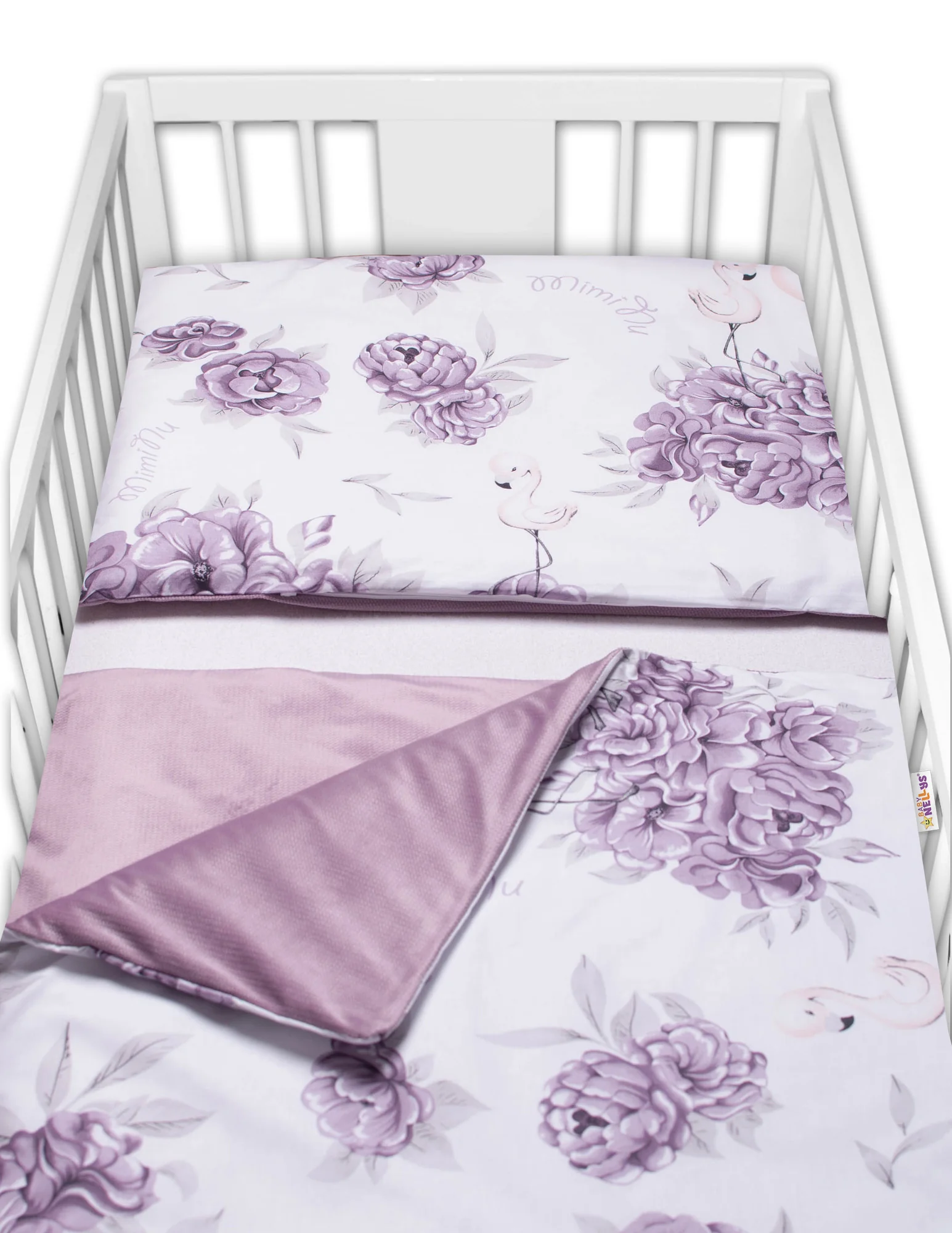 Baby Nellys 3-dílná sada Mantinel s povlečením, bavlna/velvet, Plameňák - švestkový