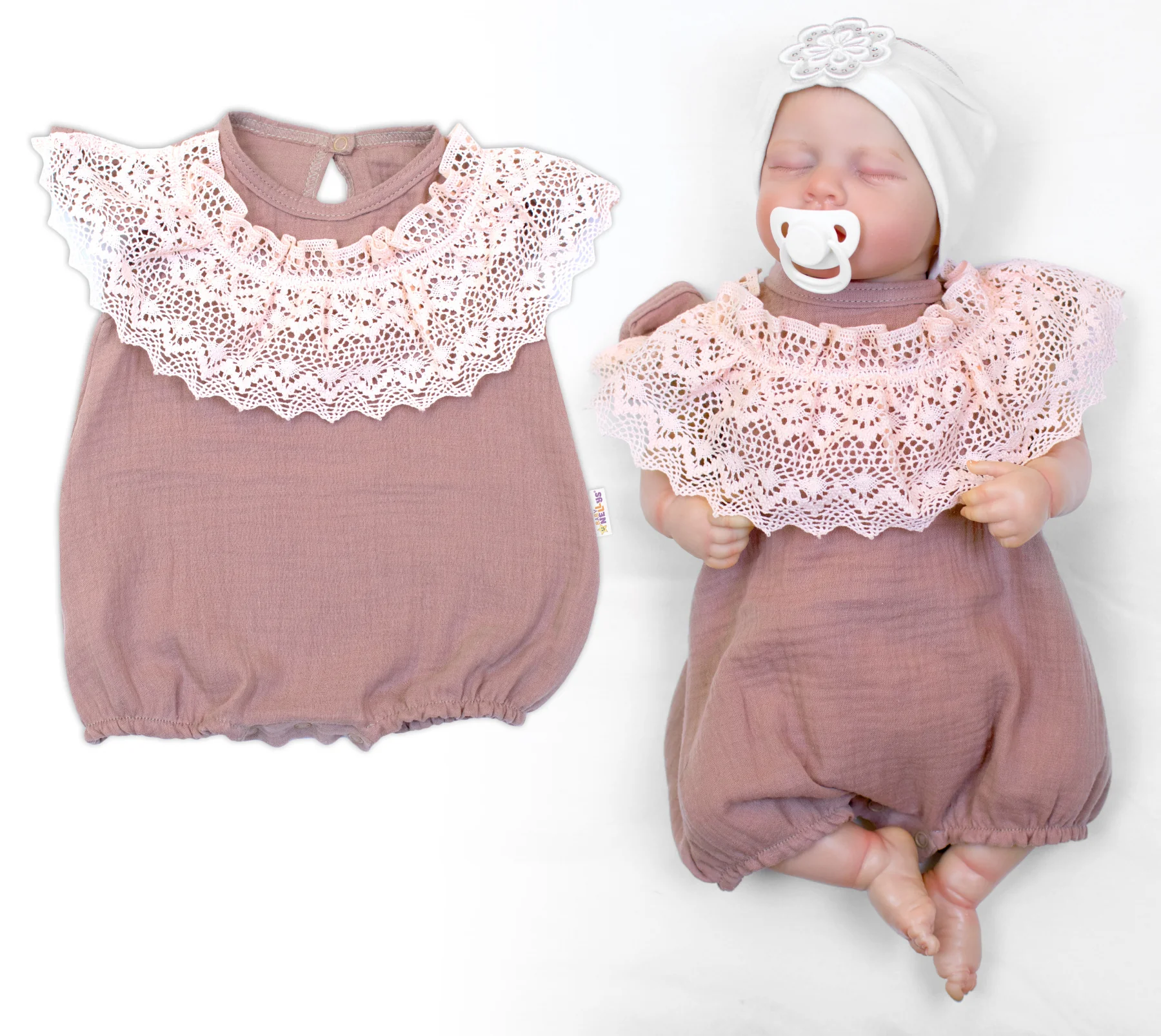 Baby Nellys Body s nohavičkami, mušelín s krajkou BOHO - hnědorůžová vel. 68